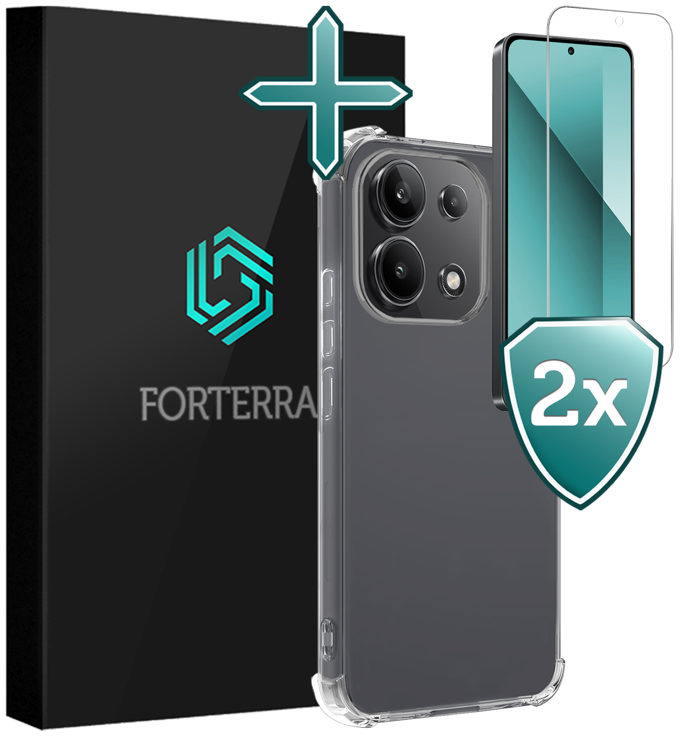 Forterra Hoesje Geschikt voor Xiaomi Redmi Note 13 4G Case Shockproof Siliconen Hoes Met 2x Screenprotector - Hoes Geschikt voor Xiaomi Redmi Note 13 4G Hoesje Shock Proof Back Cover - Transparant