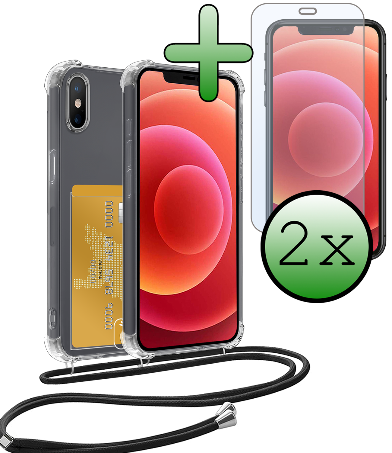 BASEY. Hoes Geschikt voor iPhone Xs Max Hoesje Pas Houder Shock Proof Case Hoes Met Koord Met 2x Screenprotector - Hoesje Geschikt voor iPhone Xs Max Hoes Met Telefoonkoord Pasjeshouder Cover - Transparant