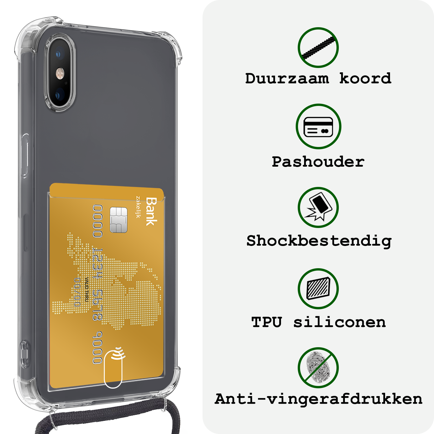 BASEY. Hoes Geschikt voor iPhone Xs Max Hoesje Pas Houder Shock Proof Case Hoes Met Koord Met Screenprotector - Hoesje Geschikt voor iPhone Xs Max Hoes Met Telefoonkoord Pasjeshouder Cover - Transparant