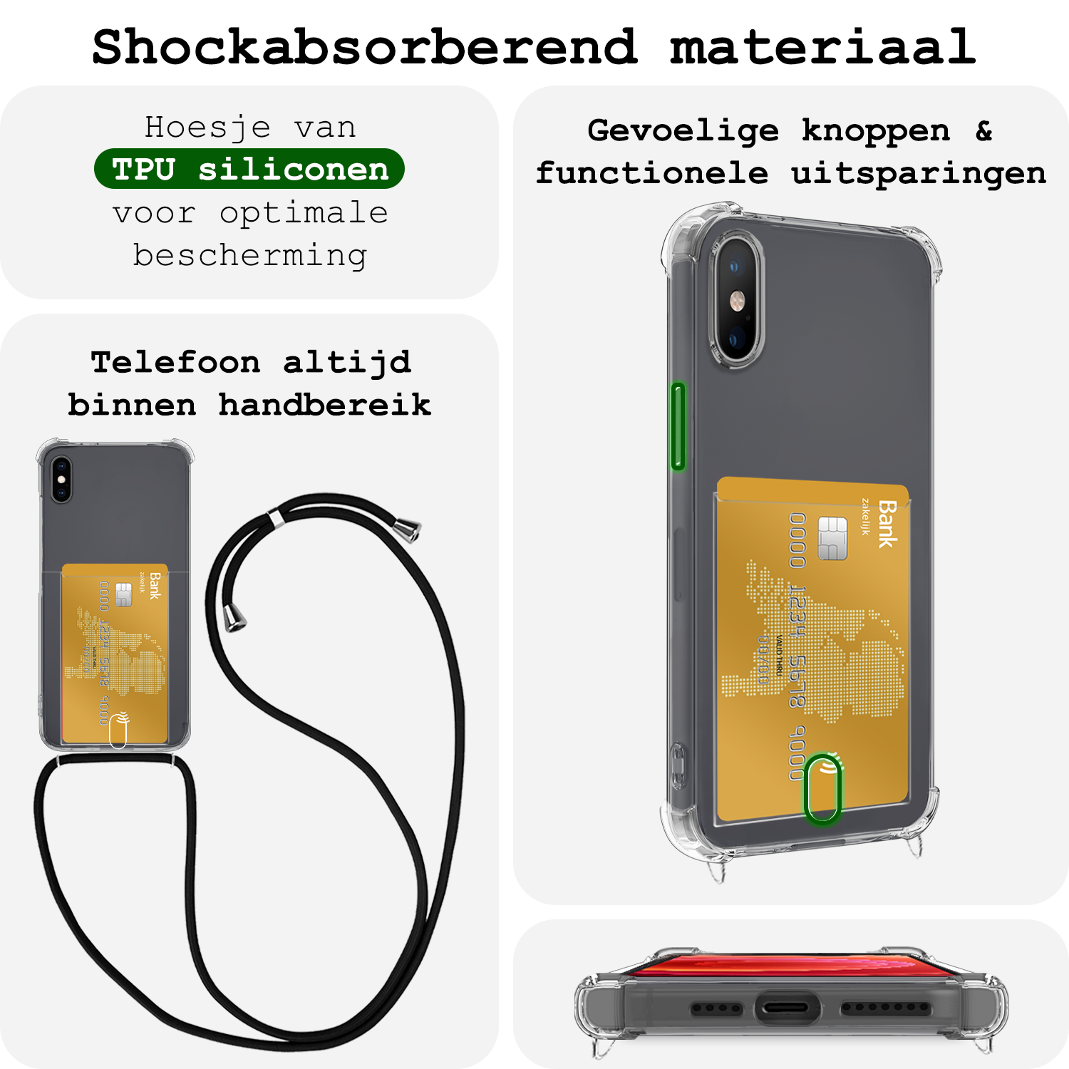 BASEY. Hoes Geschikt voor iPhone Xs Max Hoesje Pas Houder Shock Proof Case Hoes Met Koord Met Screenprotector - Hoesje Geschikt voor iPhone Xs Max Hoes Met Telefoonkoord Pasjeshouder Cover - Transparant