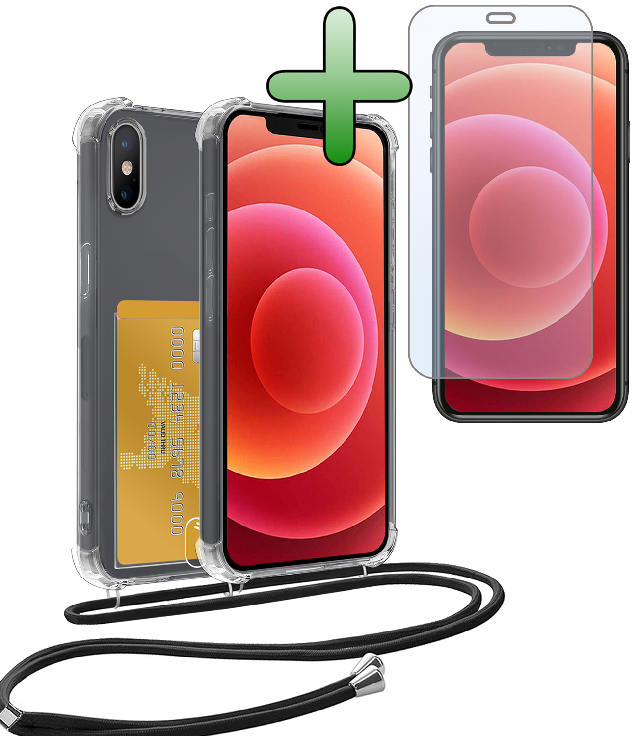 BASEY. Hoes Geschikt voor iPhone Xs Max Hoesje Pas Houder Shock Proof Case Hoes Met Koord Met Screenprotector - Hoesje Geschikt voor iPhone Xs Max Hoes Met Telefoonkoord Pasjeshouder Cover - Transparant