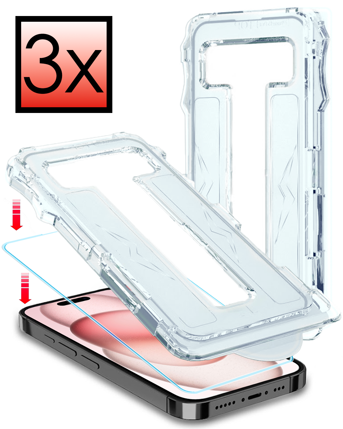 NoXx Screenprotector Geschikt voor iPhone 15 Screenprotector Met Montage Frame Hybrid Flexibel Glass Full Cover - 3 PACK