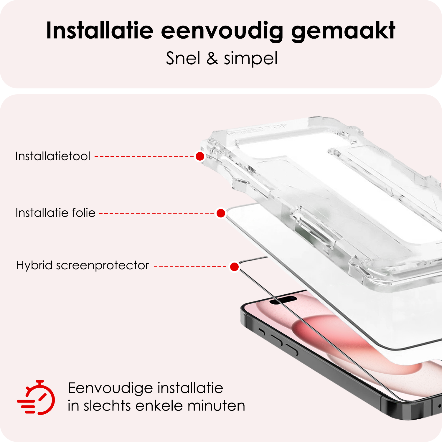 NoXx Screenprotector Geschikt voor iPhone 15 Screenprotector Met Montage Frame Hybrid Flexibel Glass Full Cover - 3 PACK