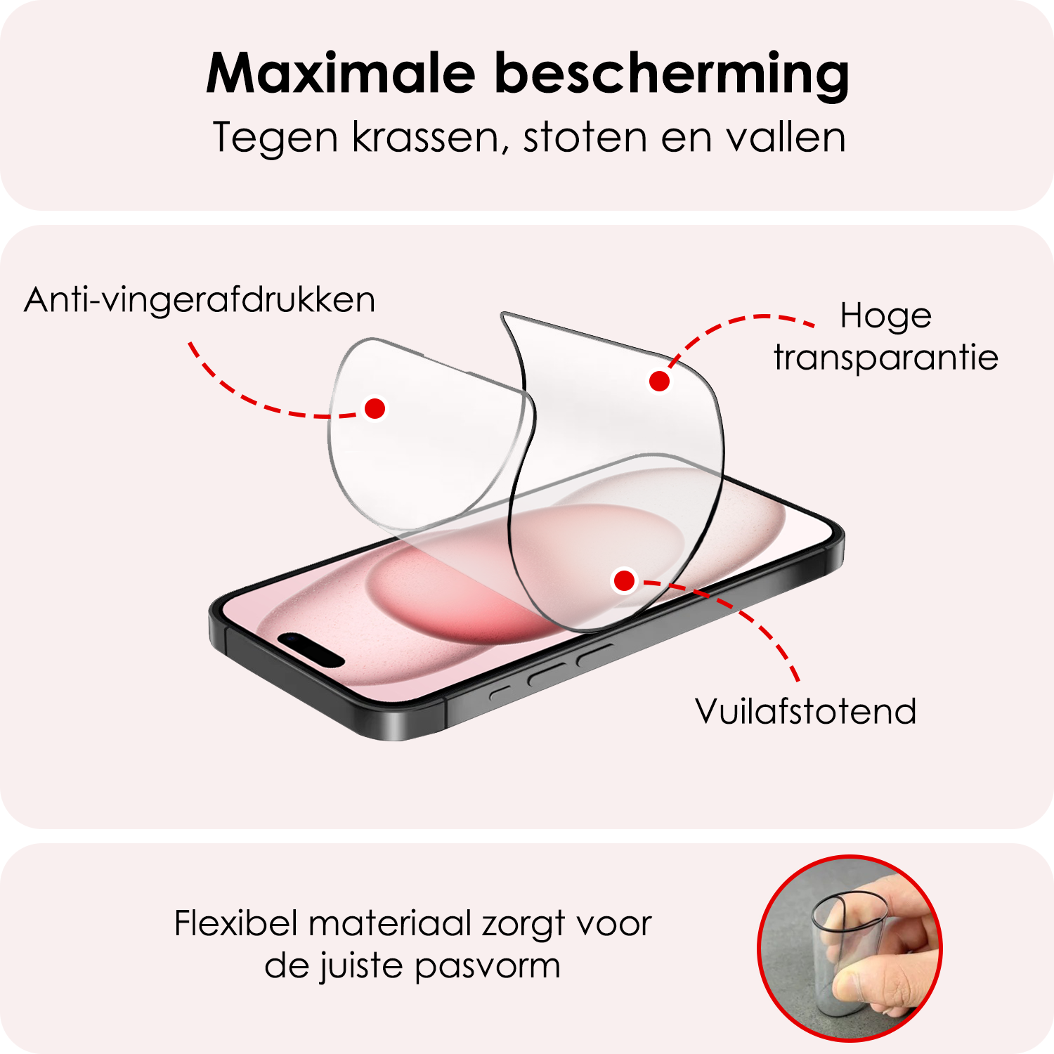 NoXx Screenprotector Geschikt voor iPhone 15 Screenprotector Met Montage Frame Hybrid Flexibel Glass Full Cover - 3 PACK