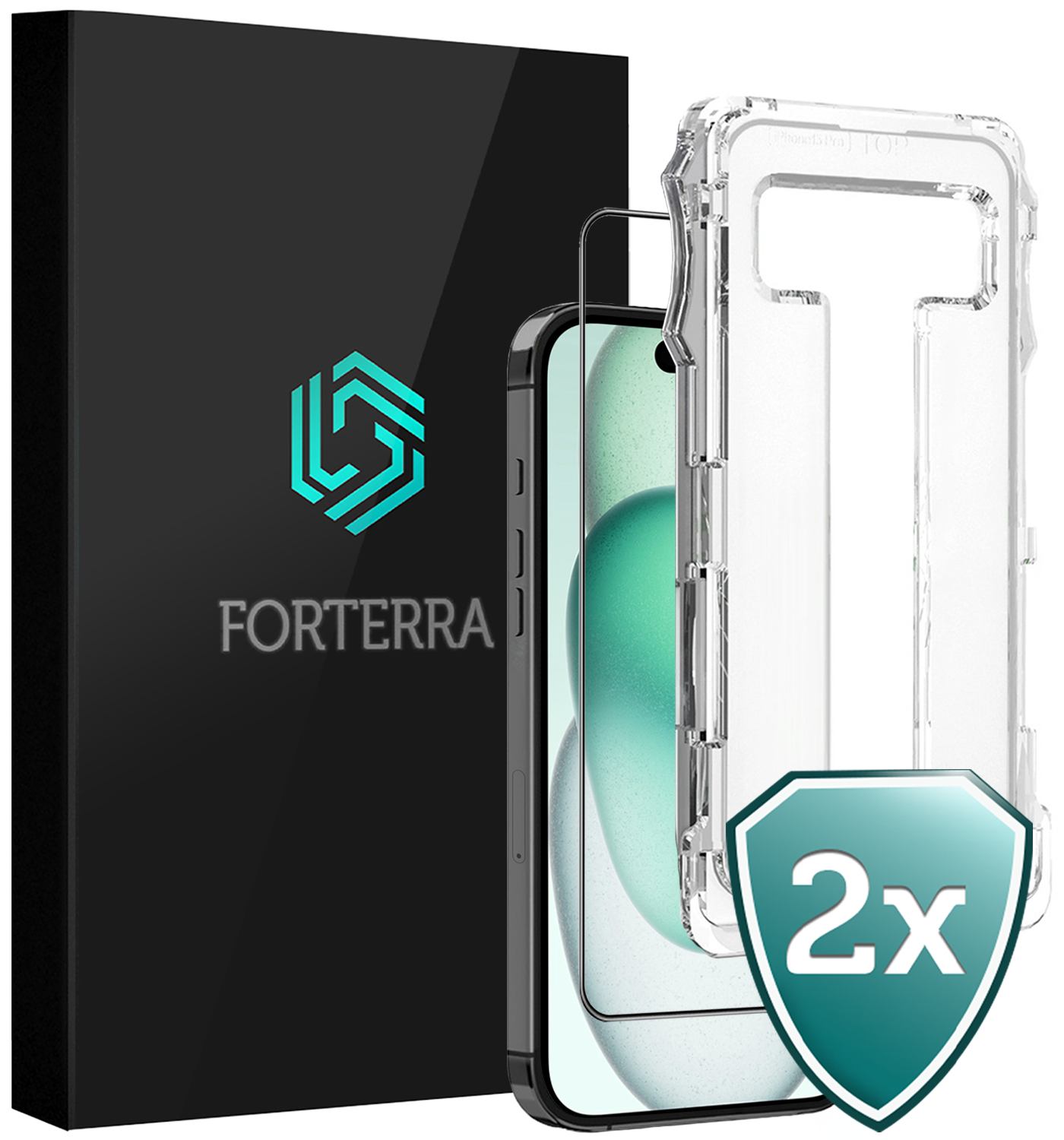 Forterra Screenprotector Geschikt voor iPhone 15 Screenprotector Met Installatie Kit Flexibel Hybrid Full Cover - Screen Protector Geschikt voor iPhone 15 Screenprotector Met Montage Frame Buigbaar Glas - 2 PACK