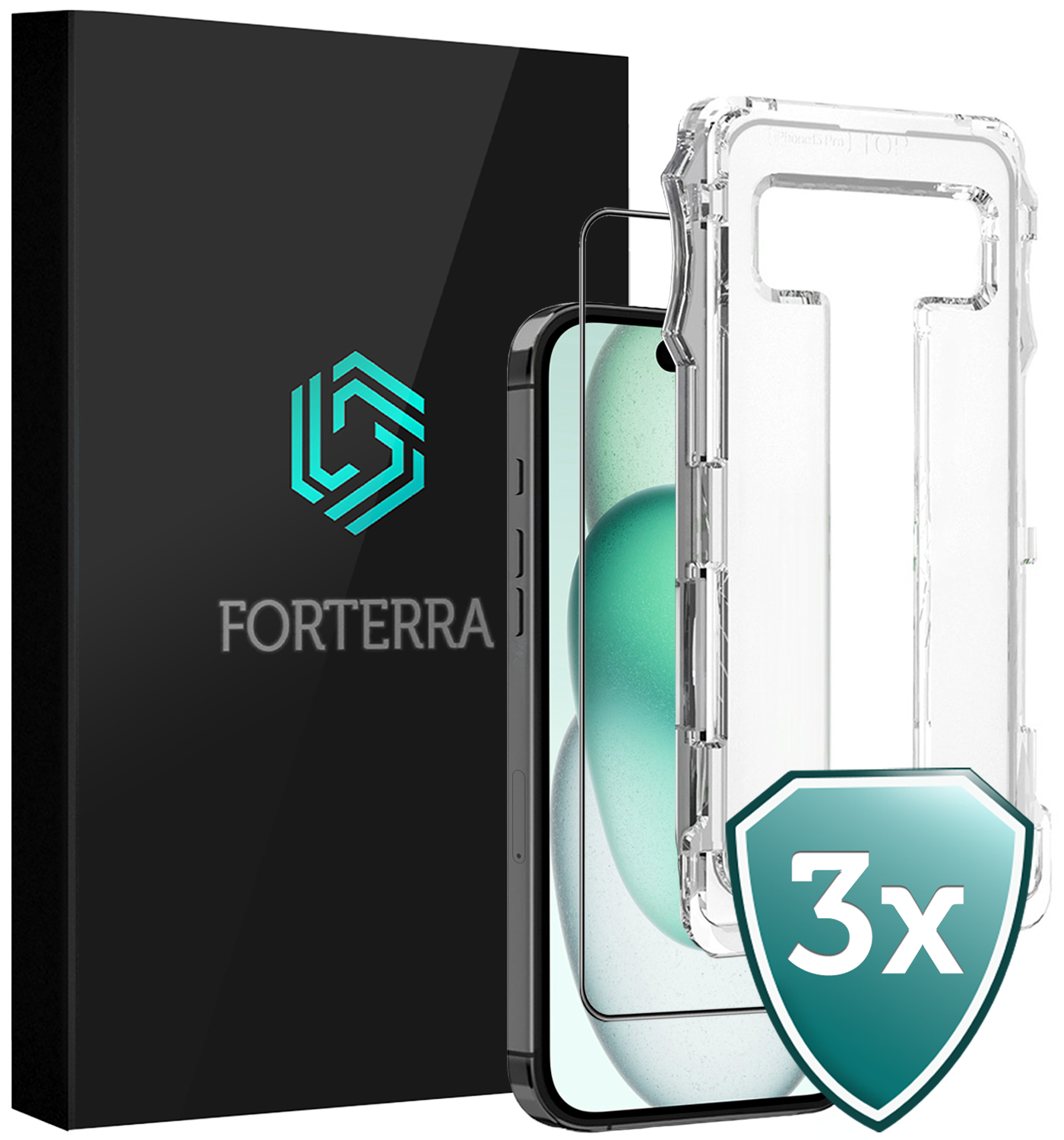 Forterra Screenprotector Geschikt voor iPhone 15 Screenprotector Met Installatie Kit Flexibel Hybrid Full Cover - Screen Protector Geschikt voor iPhone 15 Screenprotector Met Montage Frame Buigbaar Glas - 3 PACK