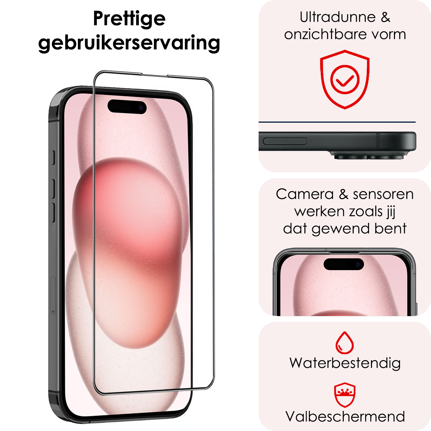 NoXx Screenprotector Geschikt voor iPhone 15 Screenprotector Met Montage Frame Hybrid Flexibel Glass Full Cover - 3 PACK
