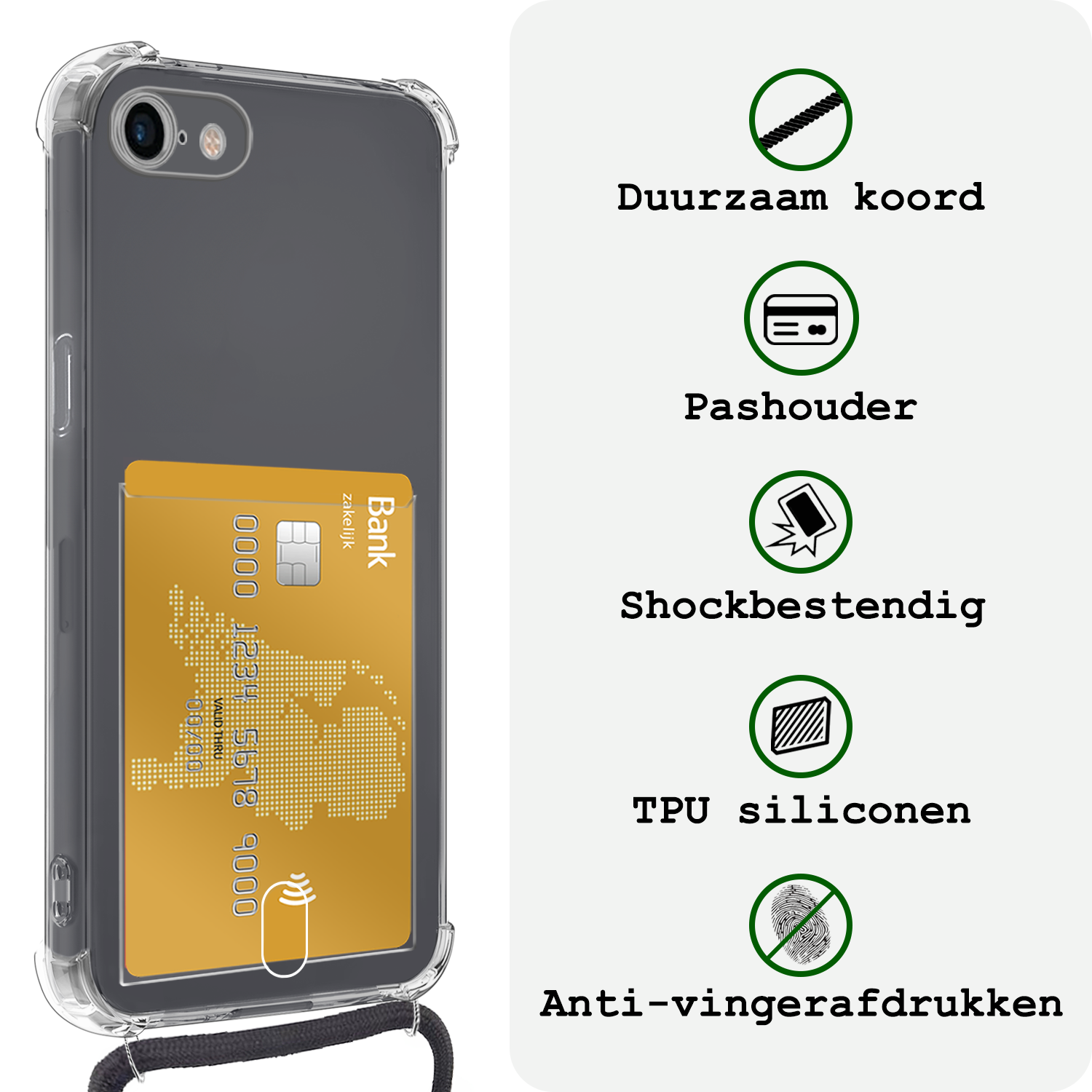 BASEY. Hoes Geschikt voor iPhone 7 Hoesje Pas Houder Shock Proof Case Hoes Met Koord - Hoesje Geschikt voor iPhone 7 Hoes Met Telefoonkoord Pasjeshouder Cover - Transparant