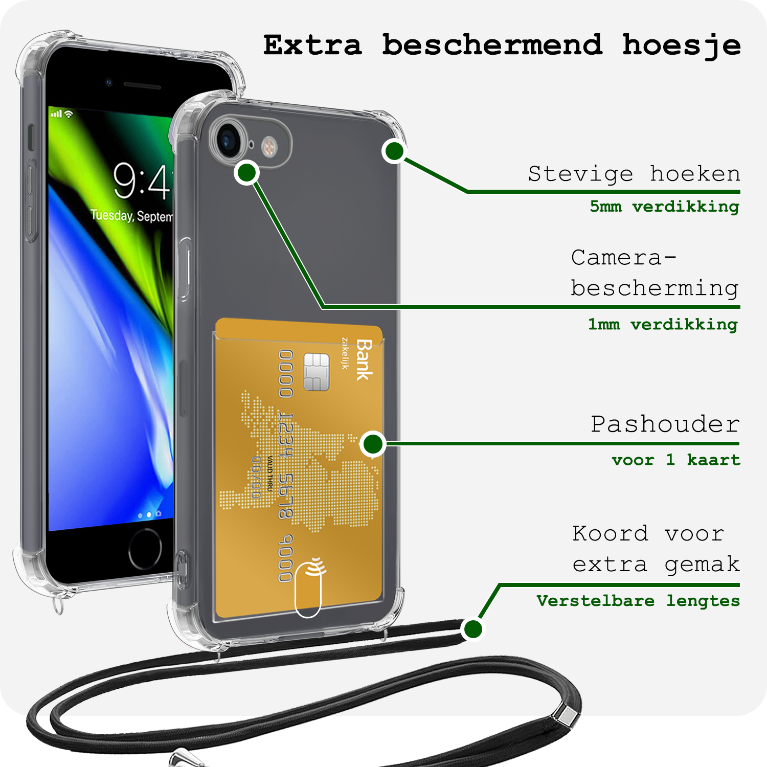 BASEY. Hoes Geschikt voor iPhone 7 Hoesje Pas Houder Shock Proof Case Hoes Met Koord - Hoesje Geschikt voor iPhone 7 Hoes Met Telefoonkoord Pasjeshouder Cover - Transparant