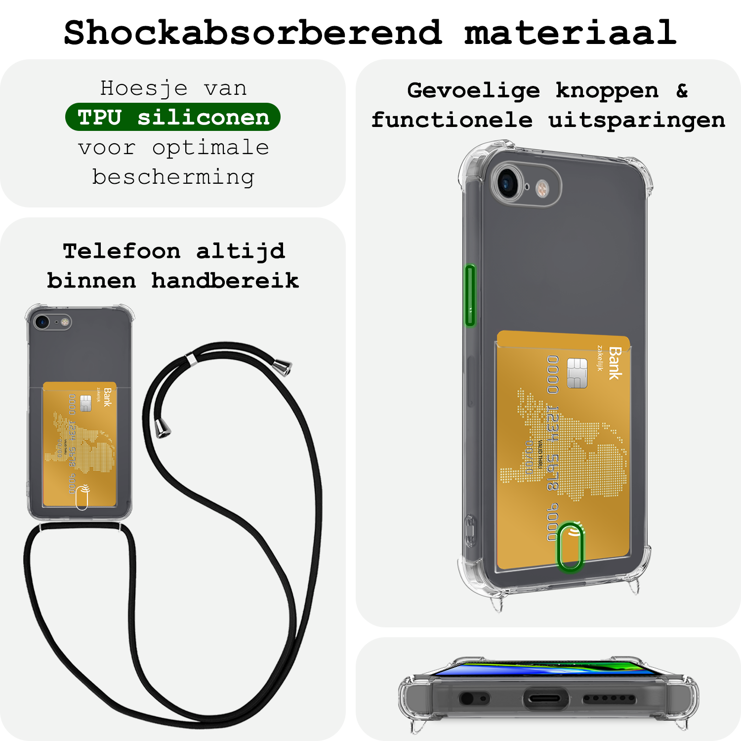 BASEY. Hoes Geschikt voor iPhone 7 Hoesje Pas Houder Shock Proof Case Hoes Met Koord Met 2x Screenprotector - Hoesje Geschikt voor iPhone 7 Hoes Met Telefoonkoord Pasjeshouder Cover - Transparant