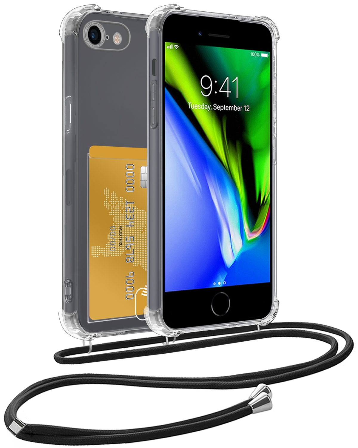 BASEY. Hoes Geschikt voor iPhone 8 Hoesje Pas Houder Shock Proof Case Hoes Met Koord - Hoesje Geschikt voor iPhone 8 Hoes Met Telefoonkoord Pasjeshouder Cover - Transparant