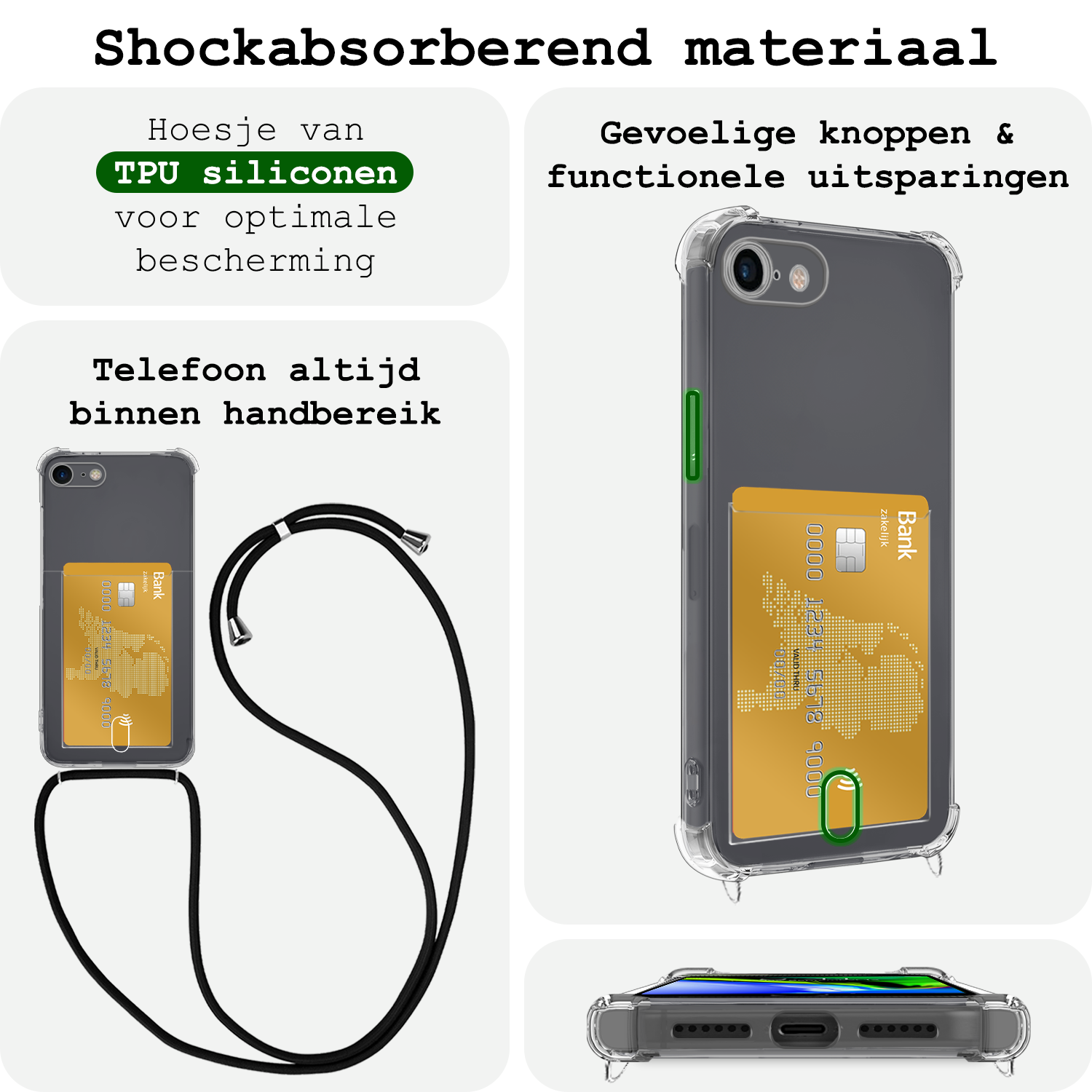 BASEY. Hoes Geschikt voor iPhone 8 Hoesje Pas Houder Shock Proof Case Hoes Met Koord - Hoesje Geschikt voor iPhone 8 Hoes Met Telefoonkoord Pasjeshouder Cover - Transparant - 2 Stuks