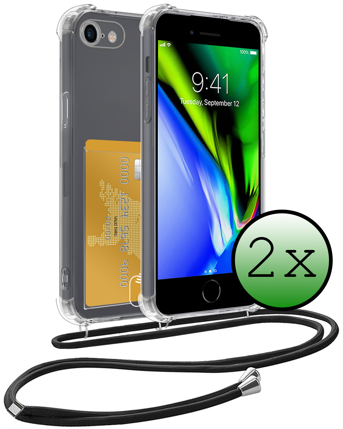 BASEY. Hoes Geschikt voor iPhone 8 Hoesje Pas Houder Shock Proof Case Hoes Met Koord - Hoesje Geschikt voor iPhone 8 Hoes Met Telefoonkoord Pasjeshouder Cover - Transparant - 2 Stuks
