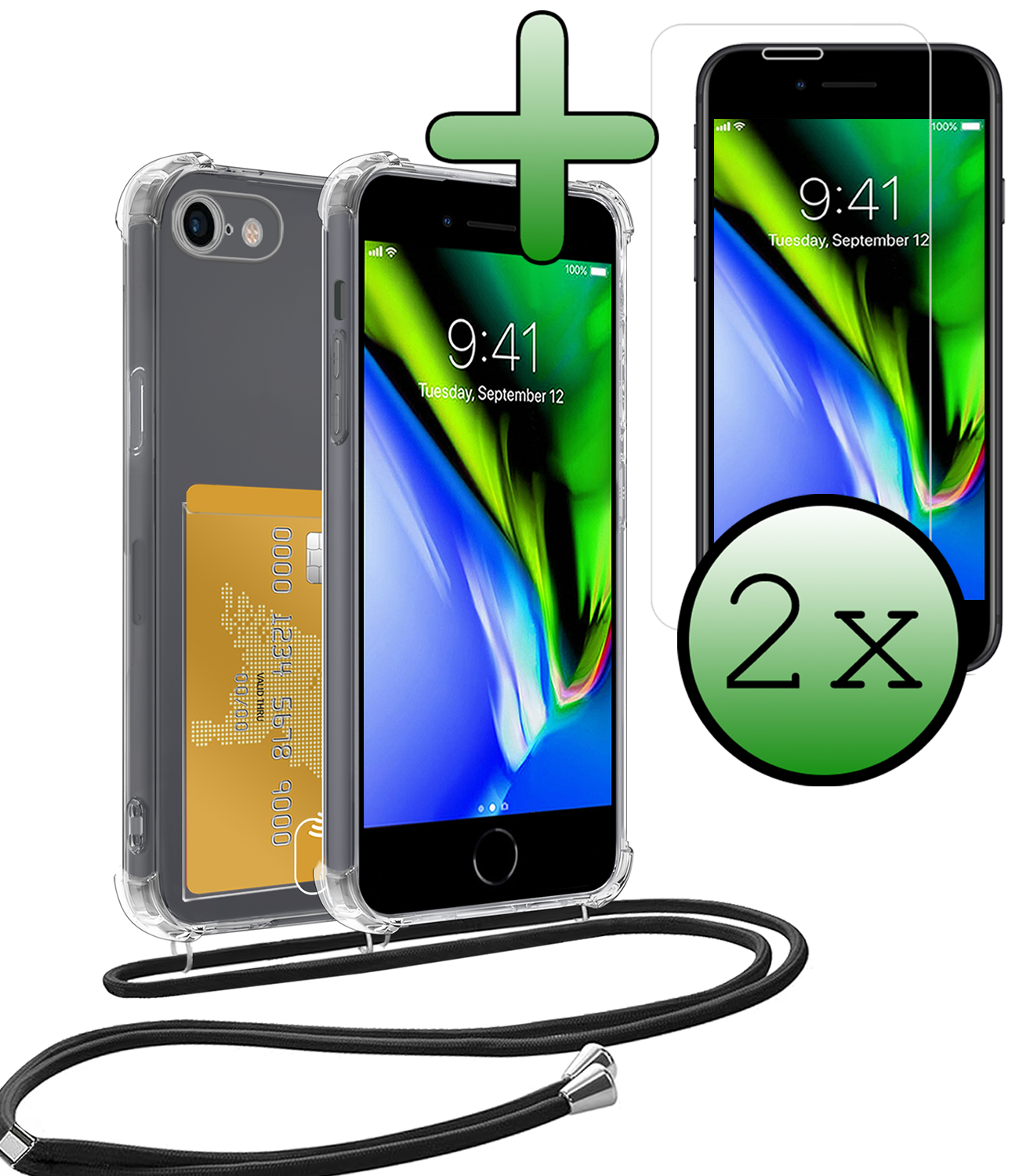 BASEY. Hoes Geschikt voor iPhone 8 Hoesje Pas Houder Shock Proof Case Hoes Met Koord Met 2x Screenprotector - Hoesje Geschikt voor iPhone 8 Hoes Met Telefoonkoord Pasjeshouder Cover - Transparant