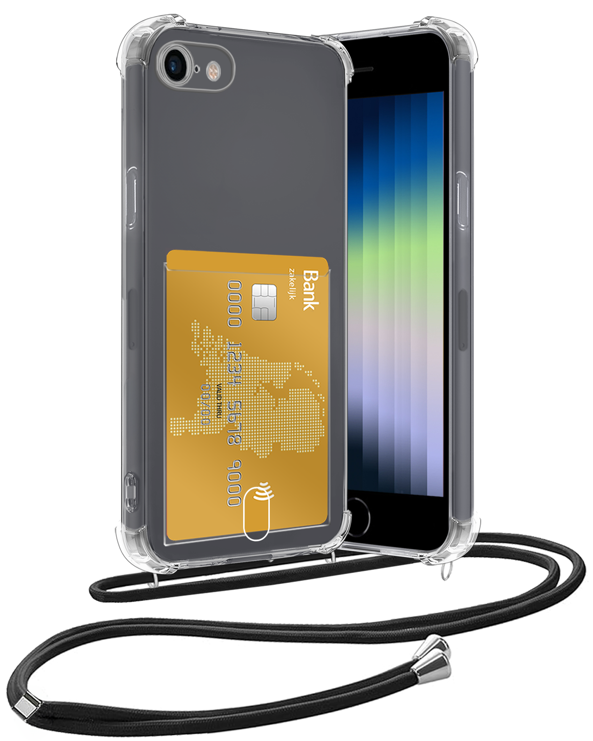 Nomfy Hoesje Geschikt voor iPhone 7 Hoesje Met Telefoonketting Pasjeshouder Shockproof Case Koord - Hoesje Geschikt voor iPhone 7 Hoes Met Kaarthouder - Transparant