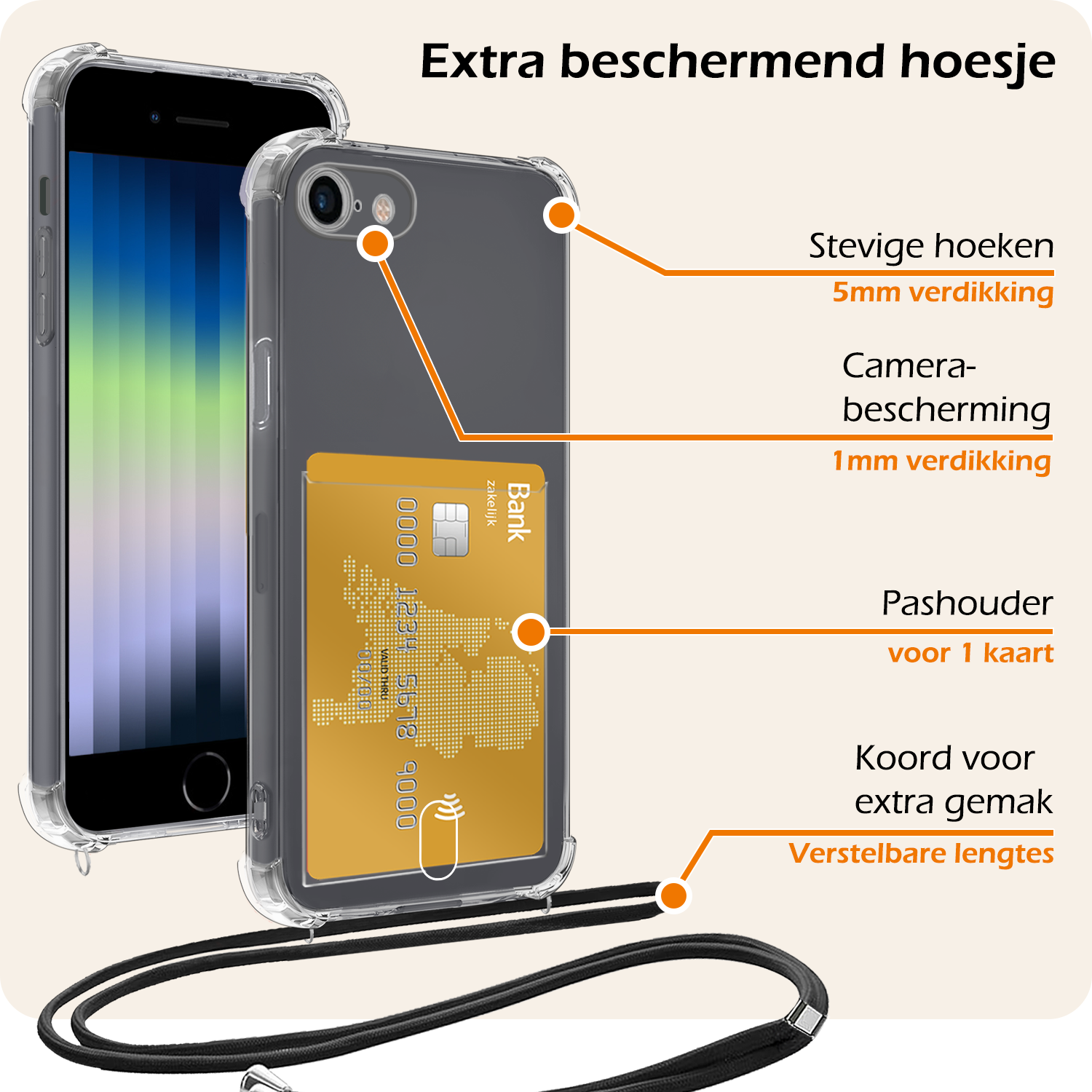 Nomfy Hoesje Geschikt voor iPhone 7 Hoesje Met Telefoonketting Pasjeshouder Shockproof Case Koord - Hoesje Geschikt voor iPhone 7 Hoes Met Kaarthouder - Transparant
