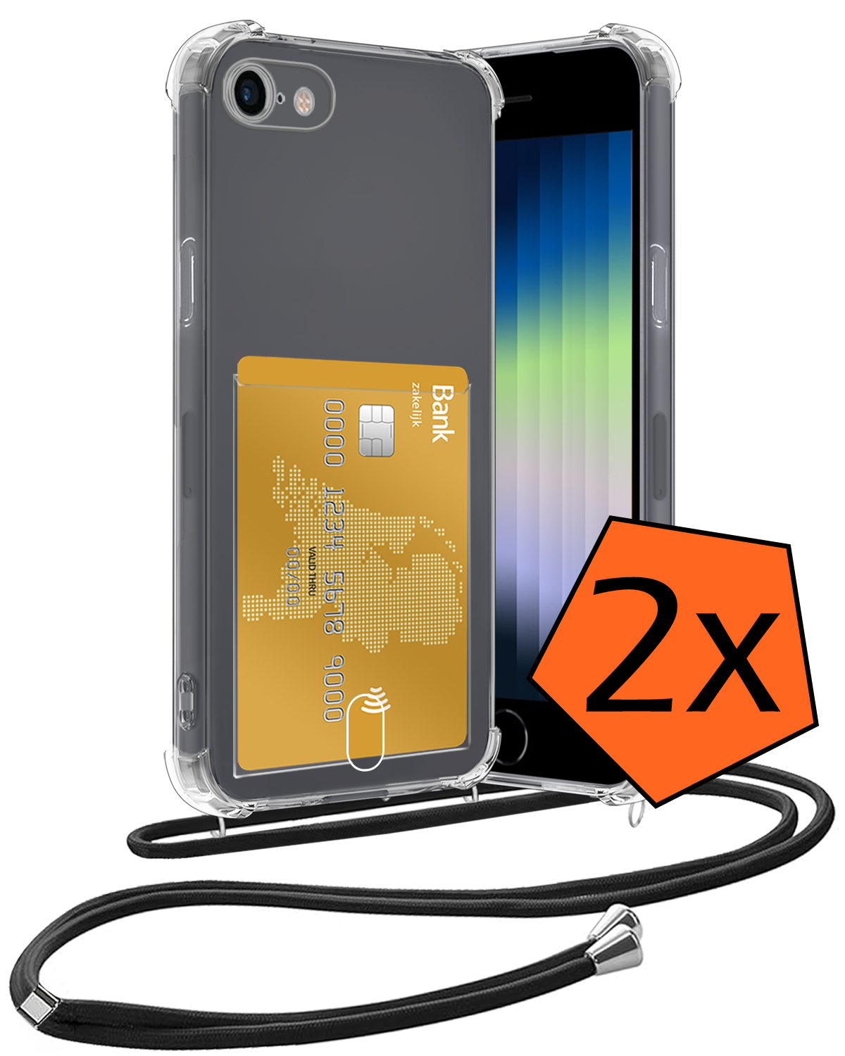 Nomfy Hoesje Geschikt voor iPhone 7 Hoesje Met Telefoonketting Pasjeshouder Shockproof Case Koord - Hoesje Geschikt voor iPhone 7 Hoes Met Kaarthouder - Transparant - 2 PACK