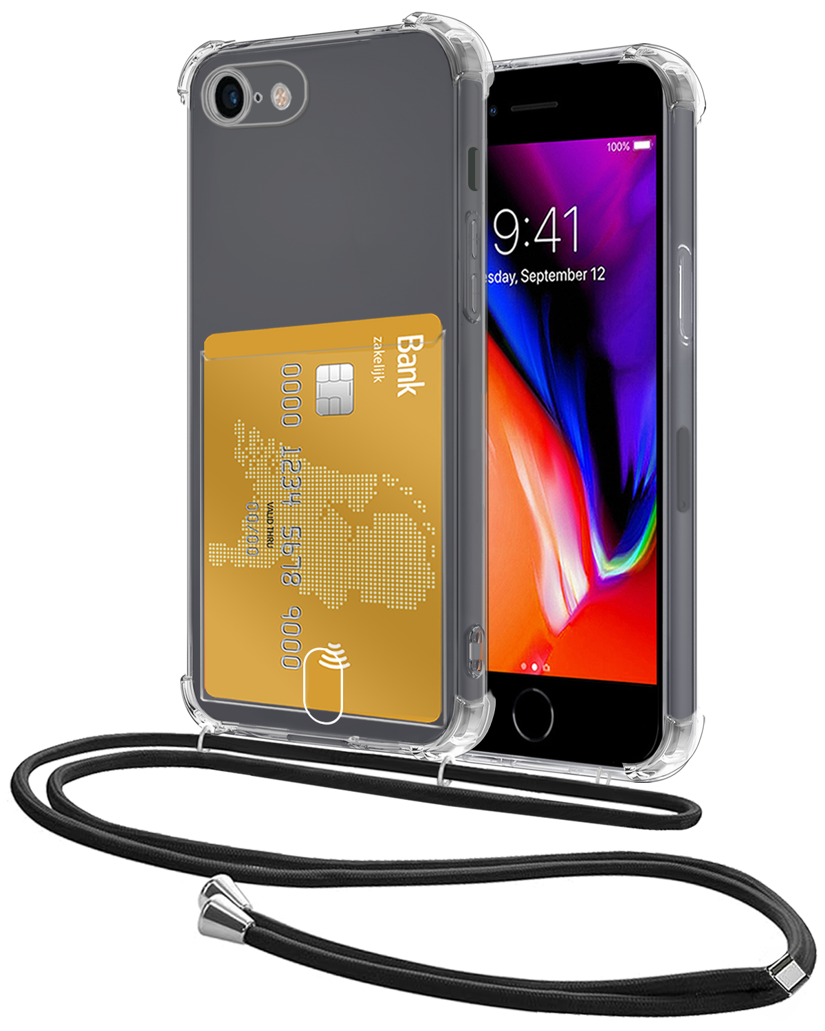 NoXx Hoes Geschikt voor iPhone 7 Hoesje Pasjeshouder Cover Met Koord Shock Proof Case Siliconen Hoes Met Telefoonkoord en Kaarthouder - Transparant