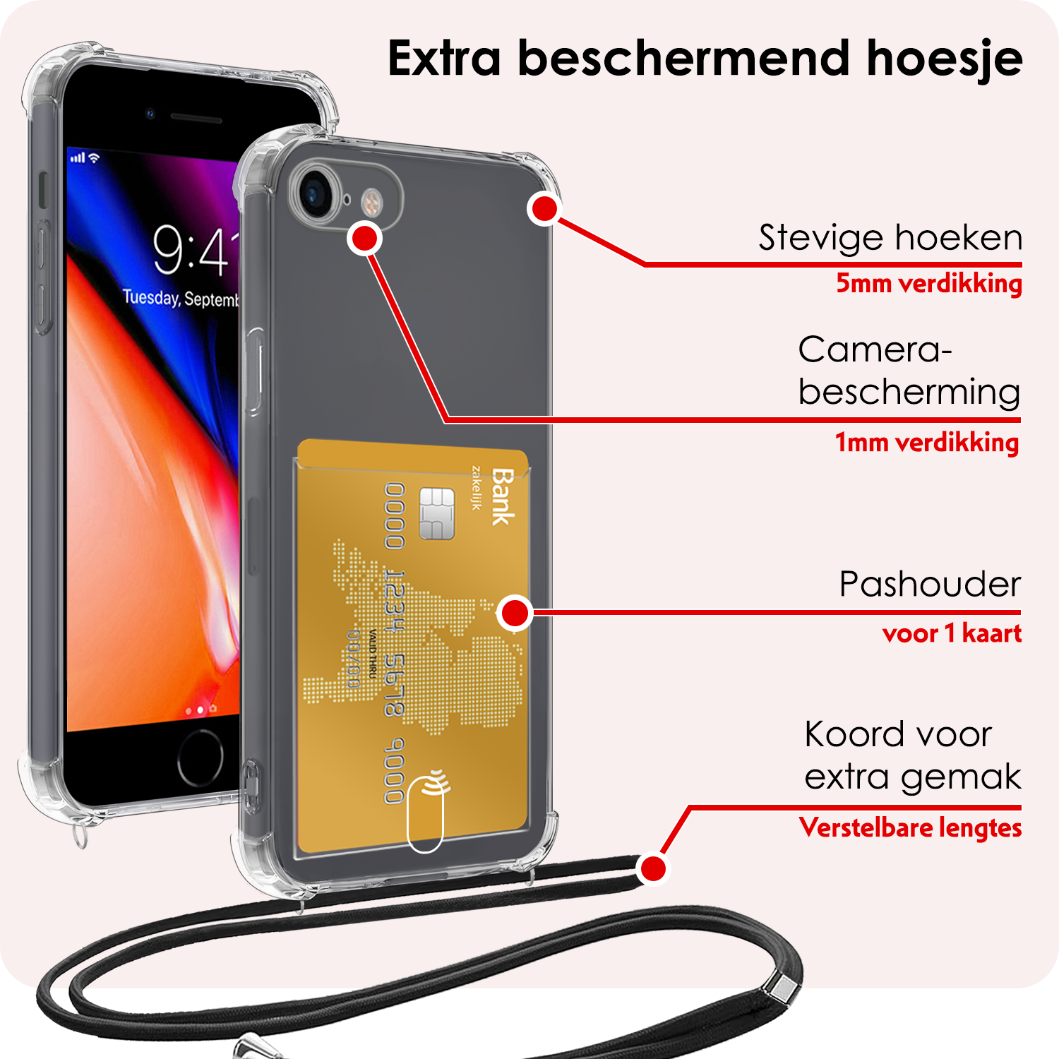 NoXx Hoes Geschikt voor iPhone 7 Hoesje Pasjeshouder Cover Met Koord Shock Proof Case Siliconen Hoes Met Telefoonkoord en Kaarthouder - Transparant