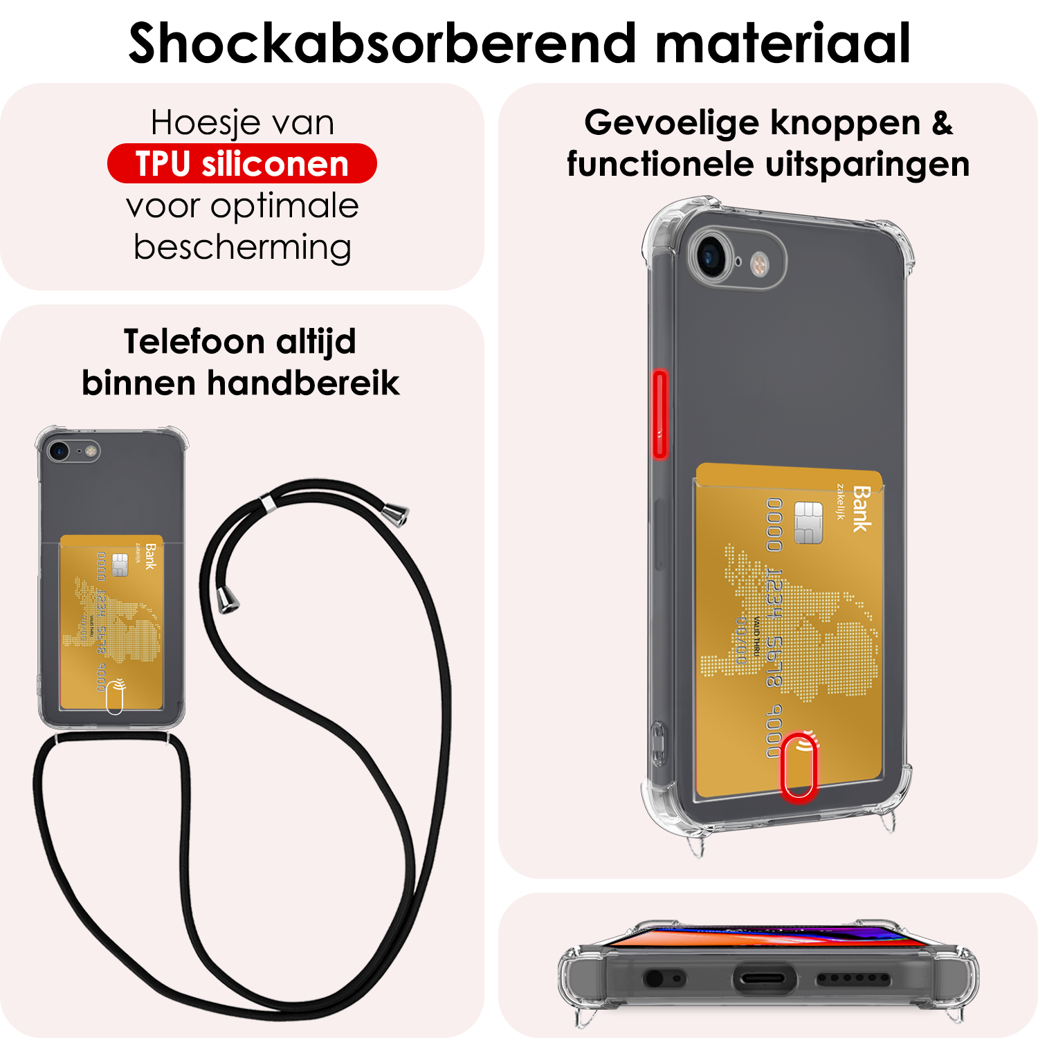 NoXx Hoes Geschikt voor iPhone 7 Hoesje Pasjeshouder Cover Met Koord Shock Proof Case Siliconen Hoes Met Telefoonkoord en Kaarthouder Met Screenprotector - Transparant