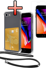 NoXx Hoes Geschikt voor iPhone 7 Hoesje Pasjeshouder Cover Met Koord Shock Proof Case Siliconen Hoes Met Telefoonkoord en Kaarthouder Met Screenprotector - Transparant