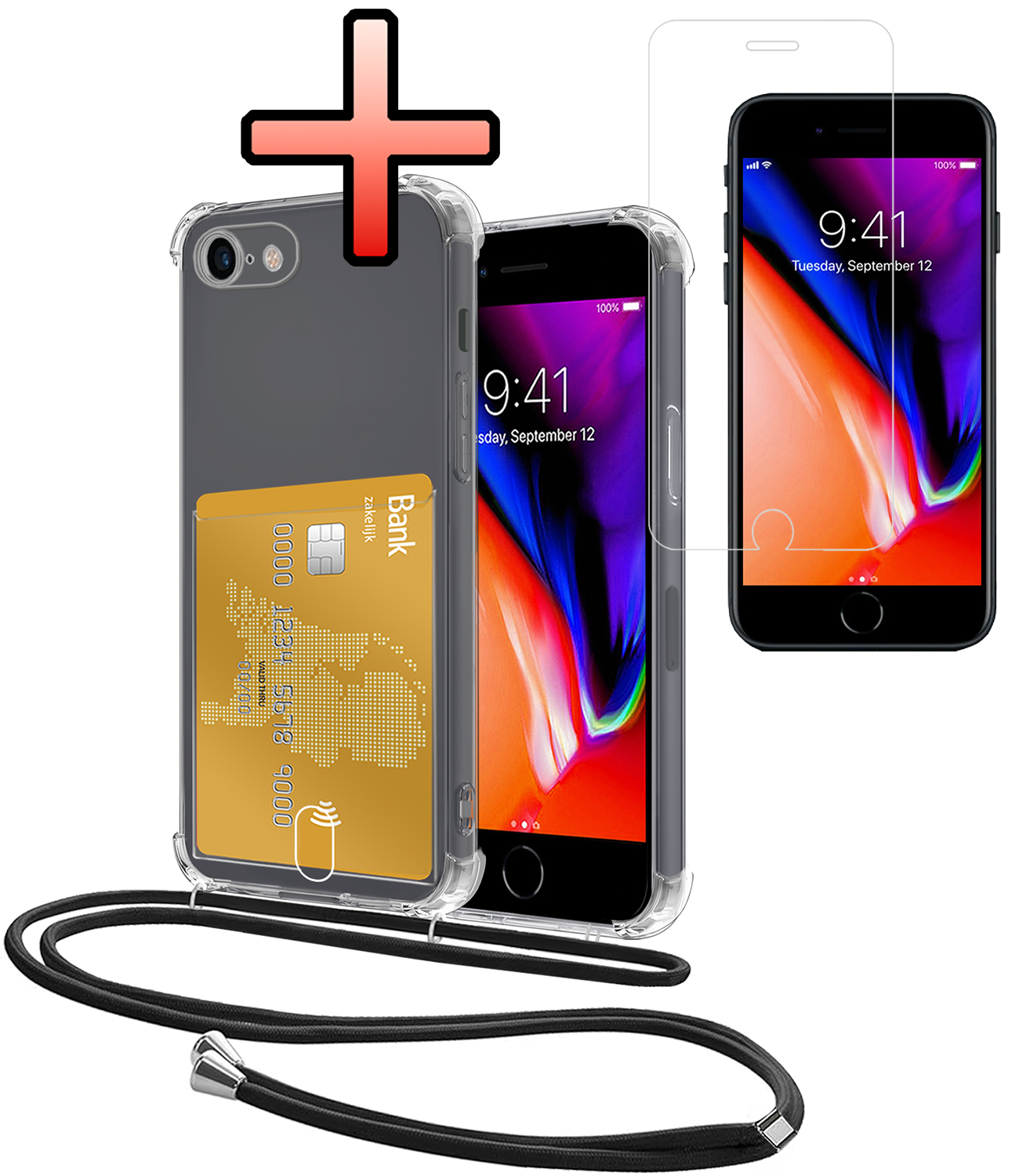 NoXx Hoes Geschikt voor iPhone 7 Hoesje Pasjeshouder Cover Met Koord Shock Proof Case Siliconen Hoes Met Telefoonkoord en Kaarthouder Met Screenprotector - Transparant