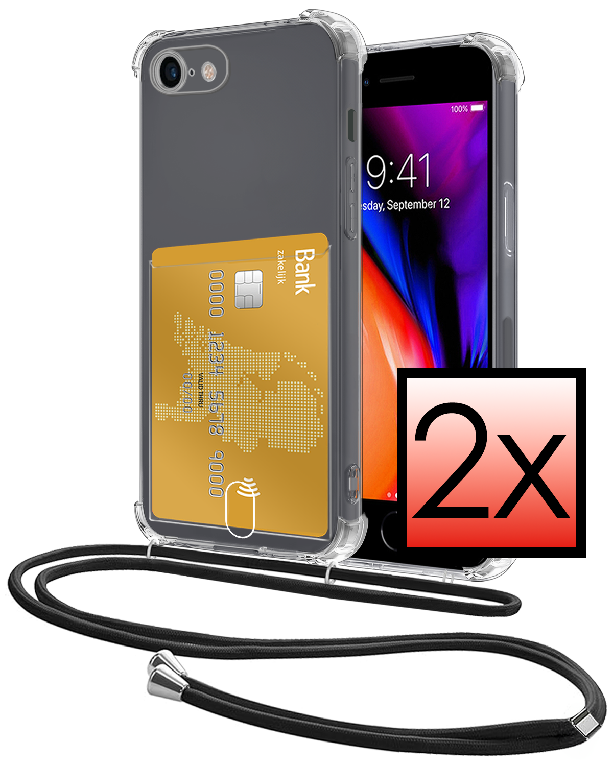NoXx Hoes Geschikt voor iPhone 8 Hoesje Pasjeshouder Cover Met Koord Shock Proof Case Siliconen Hoes Met Telefoonkoord en Kaarthouder - Transparant - 2 PACK