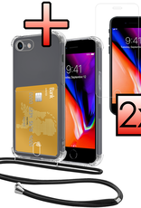 NoXx Hoes Geschikt voor iPhone 8 Hoesje Pasjeshouder Cover Met Koord Shock Proof Case Siliconen Hoes Met Telefoonkoord en Kaarthouder Met 2x Screenprotector - Transparant