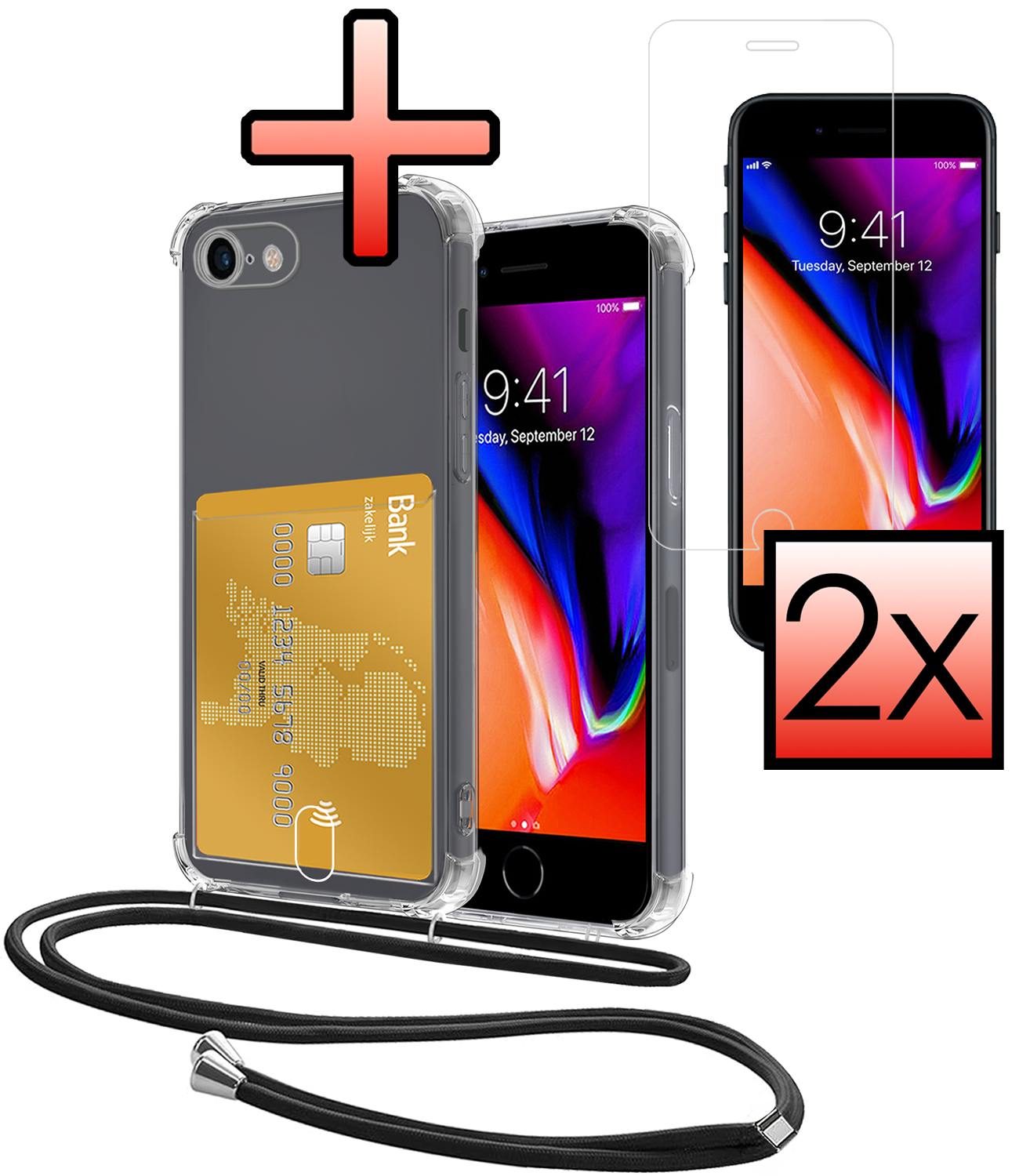 NoXx Hoes Geschikt voor iPhone 8 Hoesje Pasjeshouder Cover Met Koord Shock Proof Case Siliconen Hoes Met Telefoonkoord en Kaarthouder Met 2x Screenprotector - Transparant