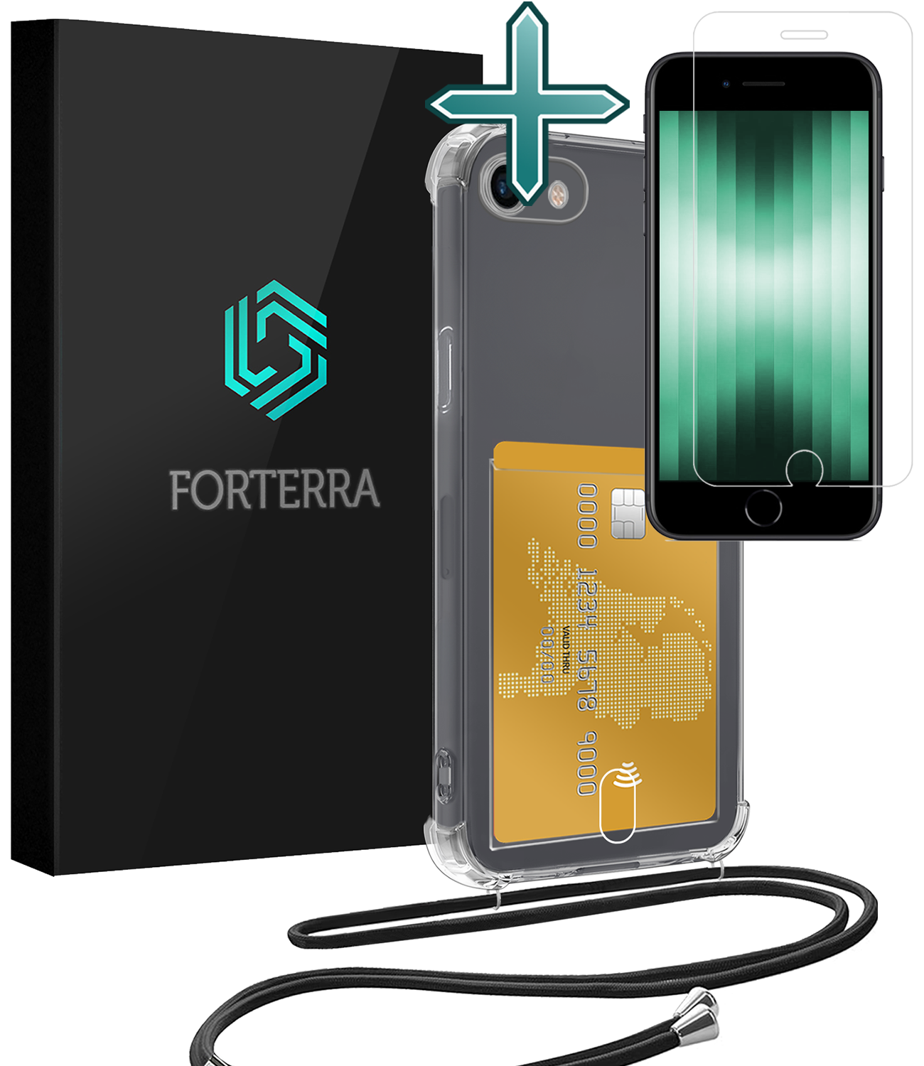 Forterra Hoesje Geschikt voor iPhone 7 Pashouder Case Siliconen Hoes Met Koord Met Screenprotector - Hoes Geschikt voor iPhone 7 Met Telefoonkoord Hoesje Back Cover Met Pasjeshouder - Transparant