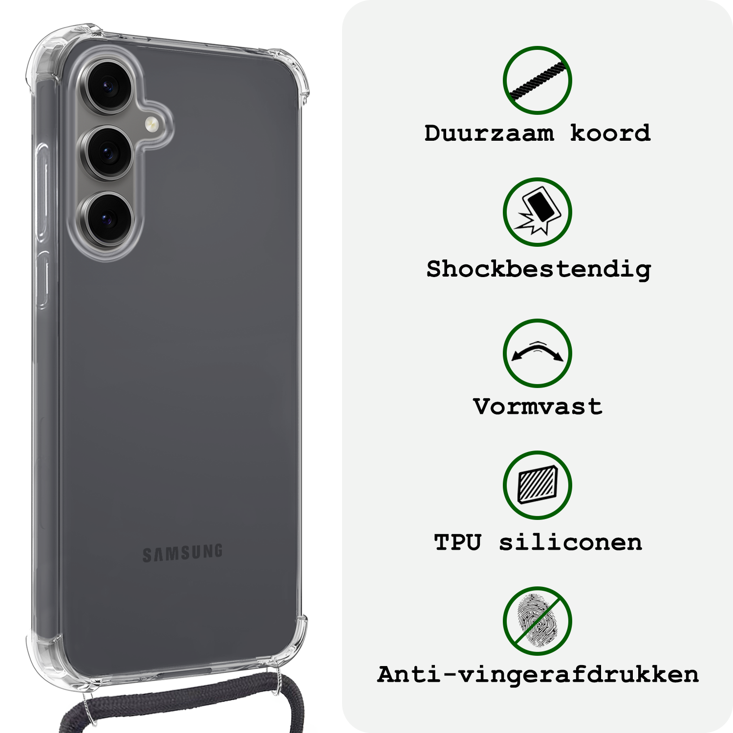 BASEY. Hoes Geschikt voor Samsung S24 FE Hoesje Shock Proof Case Met Koord Shock Hoes Met Koord - Hoesje Geschikt voor Samsung Galaxy S24 FE Hoes Cover Met Koord - Transparant