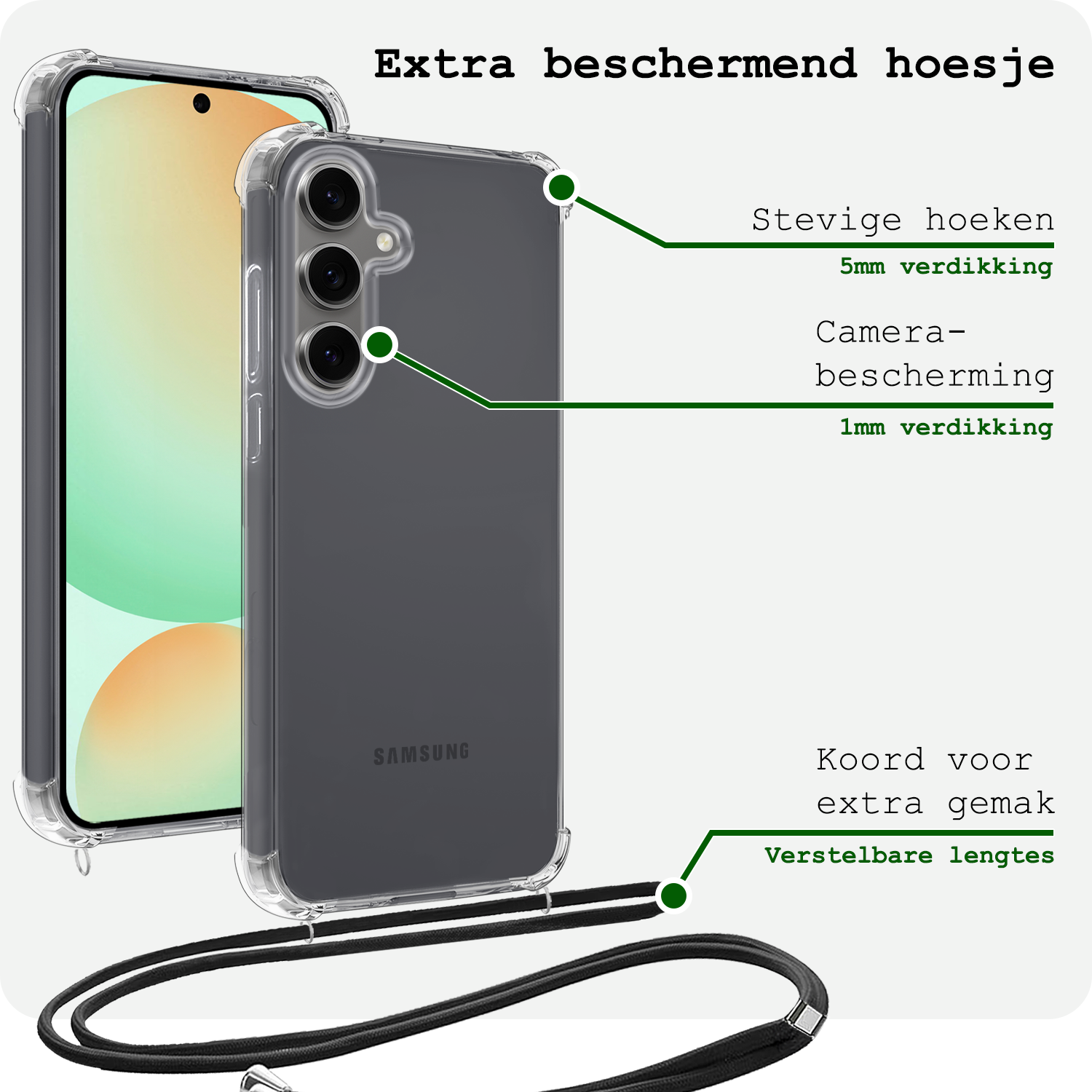 BASEY. Hoes Geschikt voor Samsung S24 FE Hoesje Shock Proof Case Met Koord Shock Hoes Met Koord - Hoesje Geschikt voor Samsung Galaxy S24 FE Hoes Cover Met Koord - Transparant