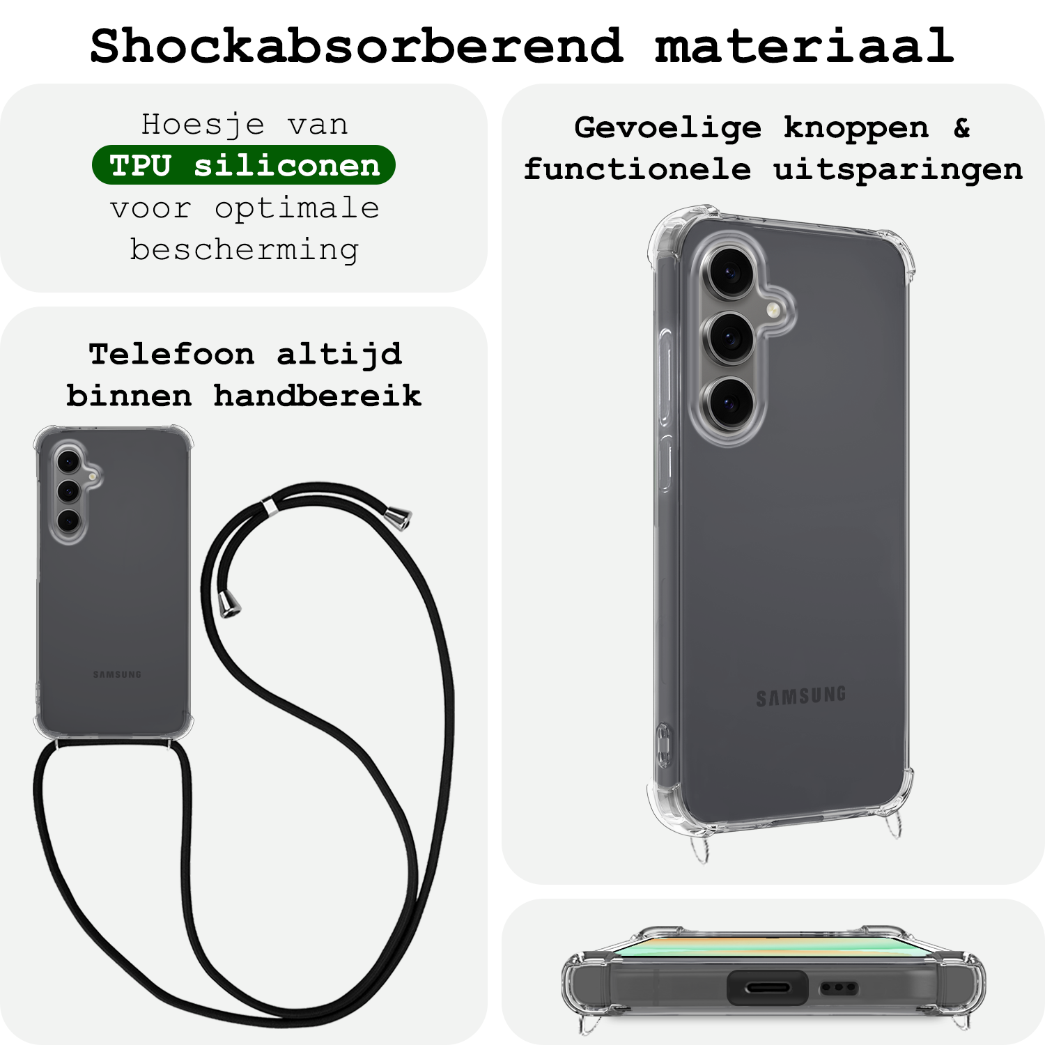 BASEY. Hoes Geschikt voor Samsung S24 FE Hoesje Shock Proof Case Met Koord Shock Hoes Met Koord - Hoesje Geschikt voor Samsung Galaxy S24 FE Hoes Cover Met Koord - Transparant
