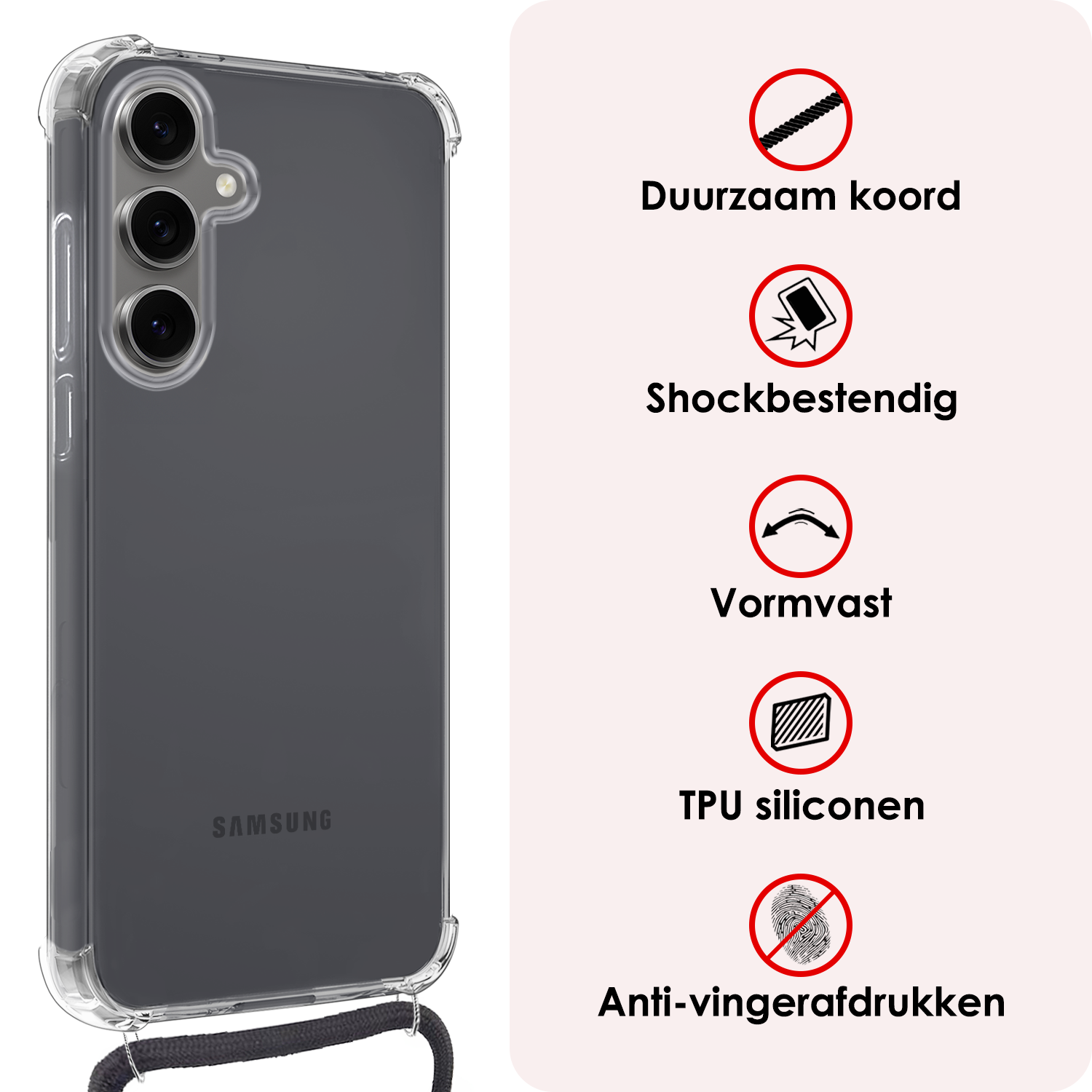 NoXx Hoes Geschikt voor Samsung S24 FE Hoesje Transparant Met Telefoonkoord Cover Shock Proof Case Koord Hoes