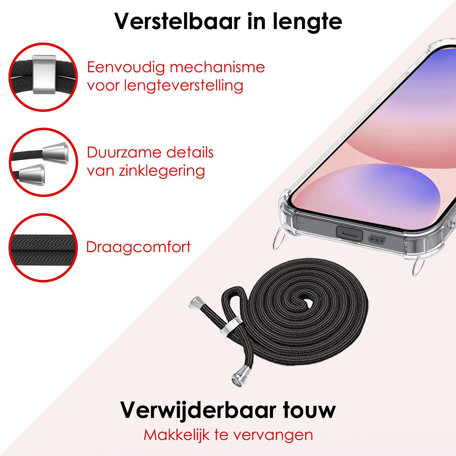 NoXx Hoes Geschikt voor Samsung S24 FE Hoesje Transparant Met Telefoonkoord Cover Shock Proof Case Koord Hoes