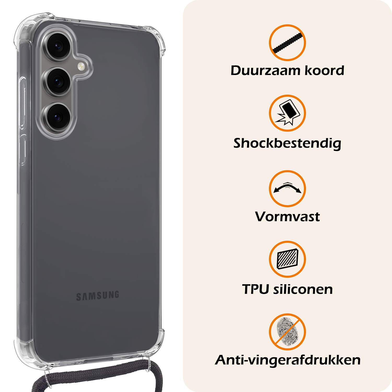Nomfy Hoesje Geschikt voor Samsung S24 FE Hoesje Shock Proof Transparant Met Telefoonketting Case Shock Koord - Hoesje Geschikt voor Samsung Galaxy S24 FE Shock Proof Case Met Koord - Transparant