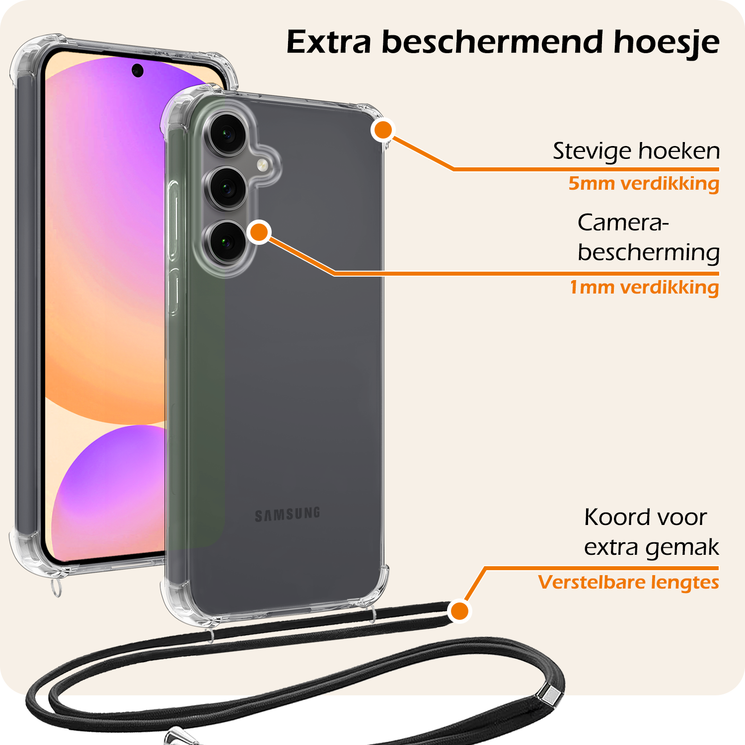 Nomfy Hoesje Geschikt voor Samsung S24 FE Hoesje Shock Proof Transparant Met Telefoonketting Case Shock Koord - Hoesje Geschikt voor Samsung Galaxy S24 FE Shock Proof Case Met Koord - Transparant