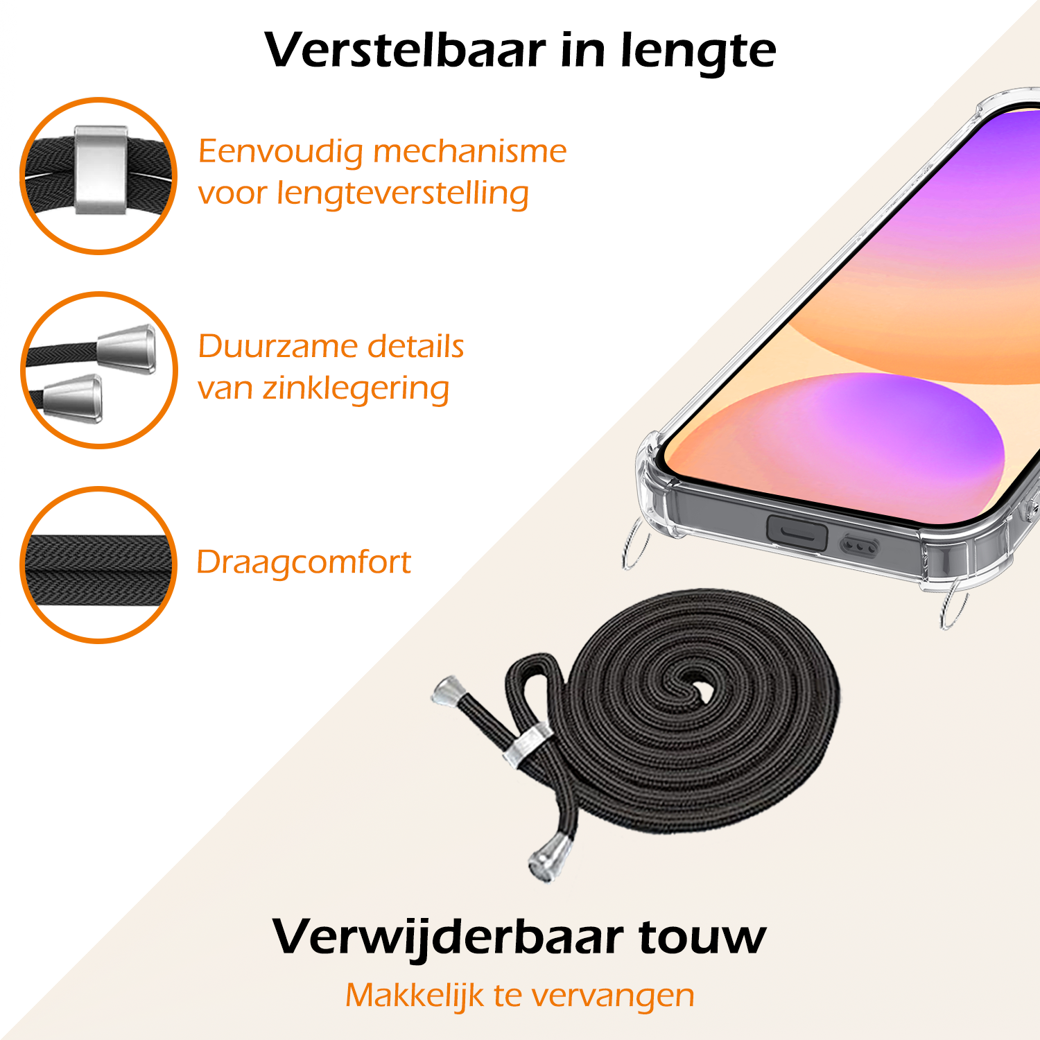 Nomfy Hoesje Geschikt voor Samsung S24 FE Hoesje Shock Proof Transparant Met Telefoonketting Case Shock Koord - Hoesje Geschikt voor Samsung Galaxy S24 FE Shock Proof Case Met Koord - Transparant