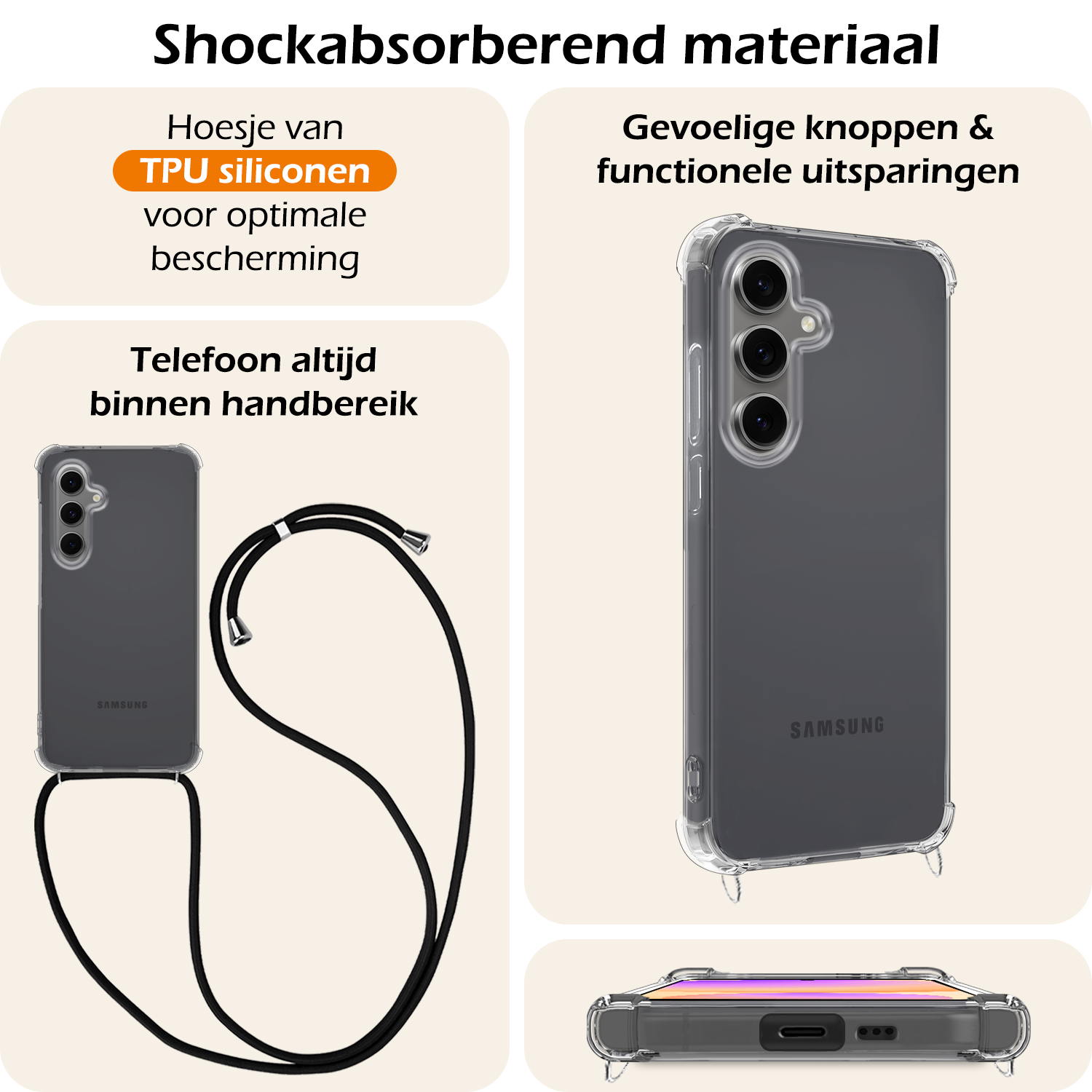Nomfy Hoesje Geschikt voor Samsung S24 FE Hoesje Shock Proof Transparant Met Telefoonketting Case Shock Koord - Hoesje Geschikt voor Samsung Galaxy S24 FE Shock Proof Case Met Koord - Transparant