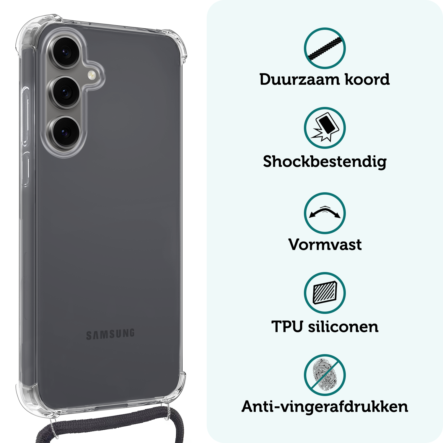 Forterra Hoesje Geschikt voor Samsung S24 FE Case Siliconen Hoes Met Koord - Hoes Geschikt voor Samsung Galaxy S24 FE Met Telefoonkoord Hoesje Back Cover - Transparant