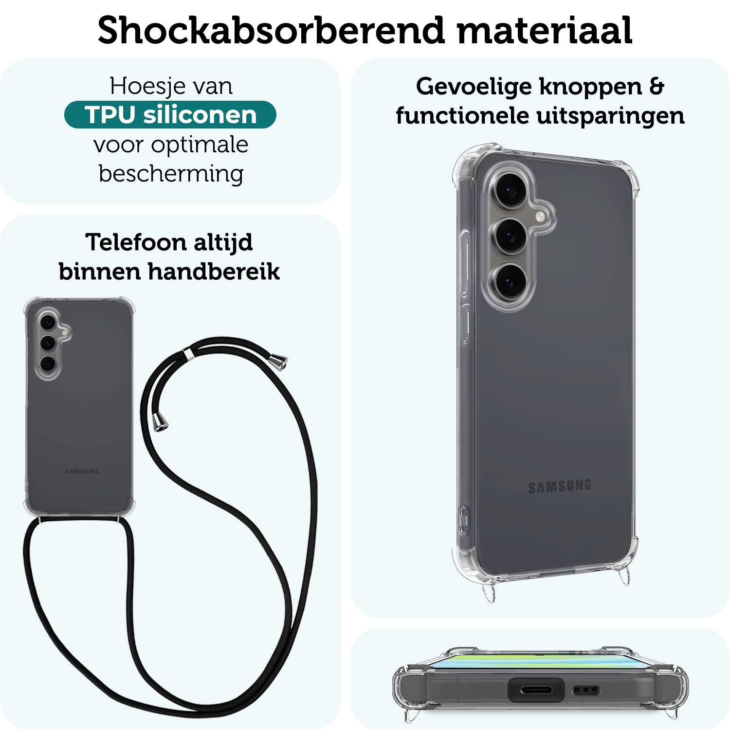 Forterra Hoesje Geschikt voor Samsung S24 FE Case Siliconen Hoes Met Koord - Hoes Geschikt voor Samsung Galaxy S24 FE Met Telefoonkoord Hoesje Back Cover - Transparant
