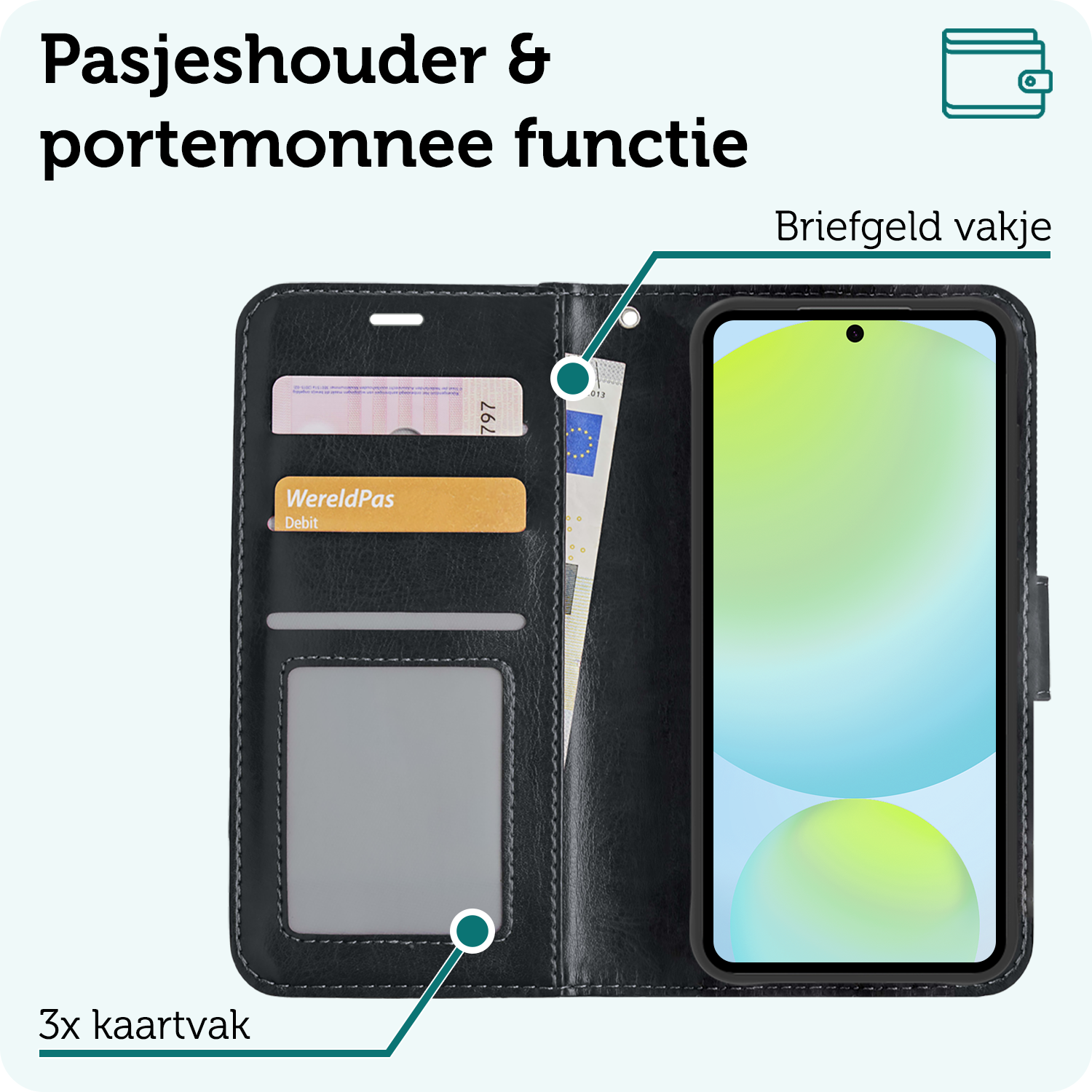 Forterra Hoesje Geschikt voor Samsung S24 FE Book Case Kunstleer Hoes Met 2x Screenprotector - Hoes Geschikt voor Samsung Galaxy S24 FE Hoesje Bookcase Met Pasjeshouder - Zwart