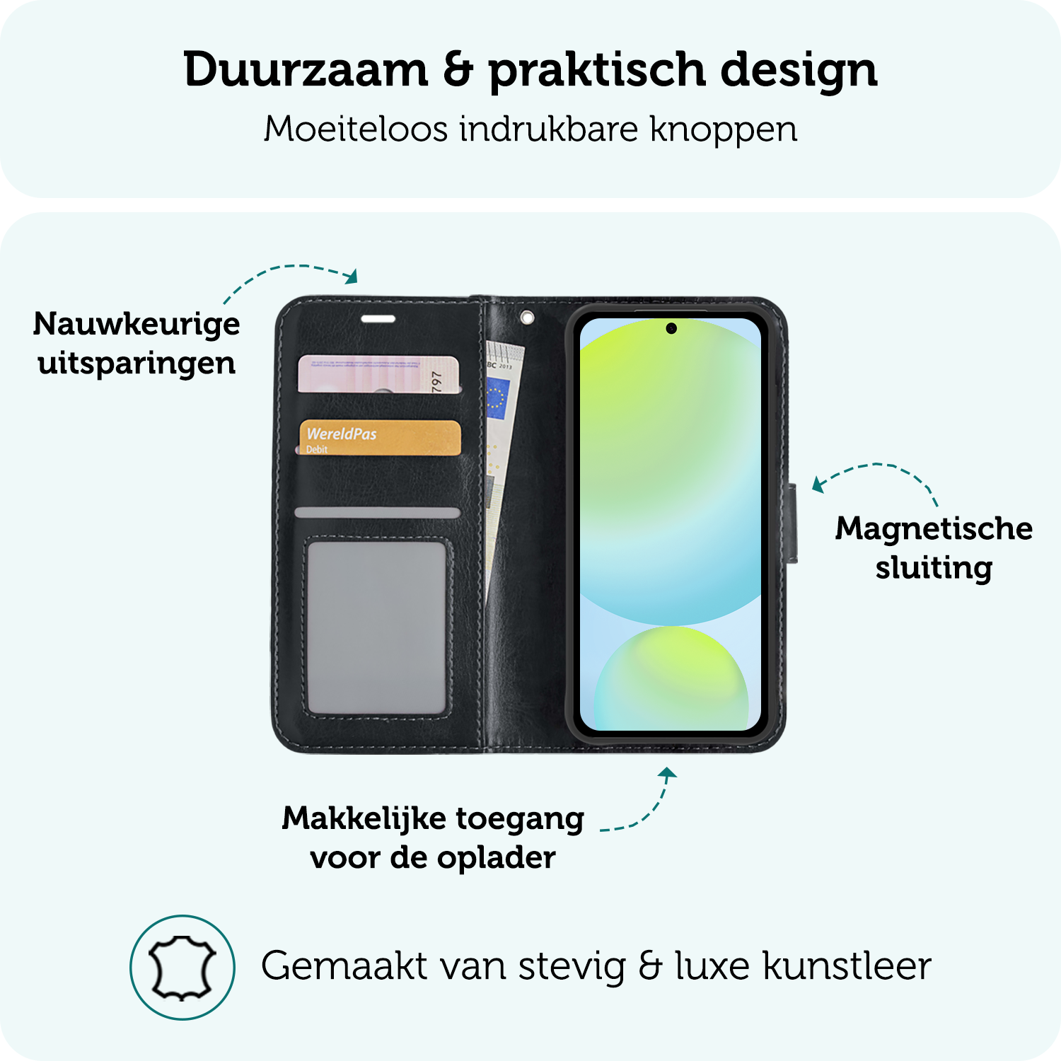 Forterra Hoesje Geschikt voor Samsung S24 FE Book Case Kunstleer Hoes Met 2x Screenprotector - Hoes Geschikt voor Samsung Galaxy S24 FE Hoesje Bookcase Met Pasjeshouder - Zwart