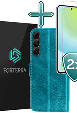 Forterra Hoesje Geschikt voor Samsung S24 FE Book Case Kunstleer Hoes Met 2x Screenprotector - Hoes Geschikt voor Samsung Galaxy S24 FE Hoesje Bookcase Met Pasjeshouder - Turquoise