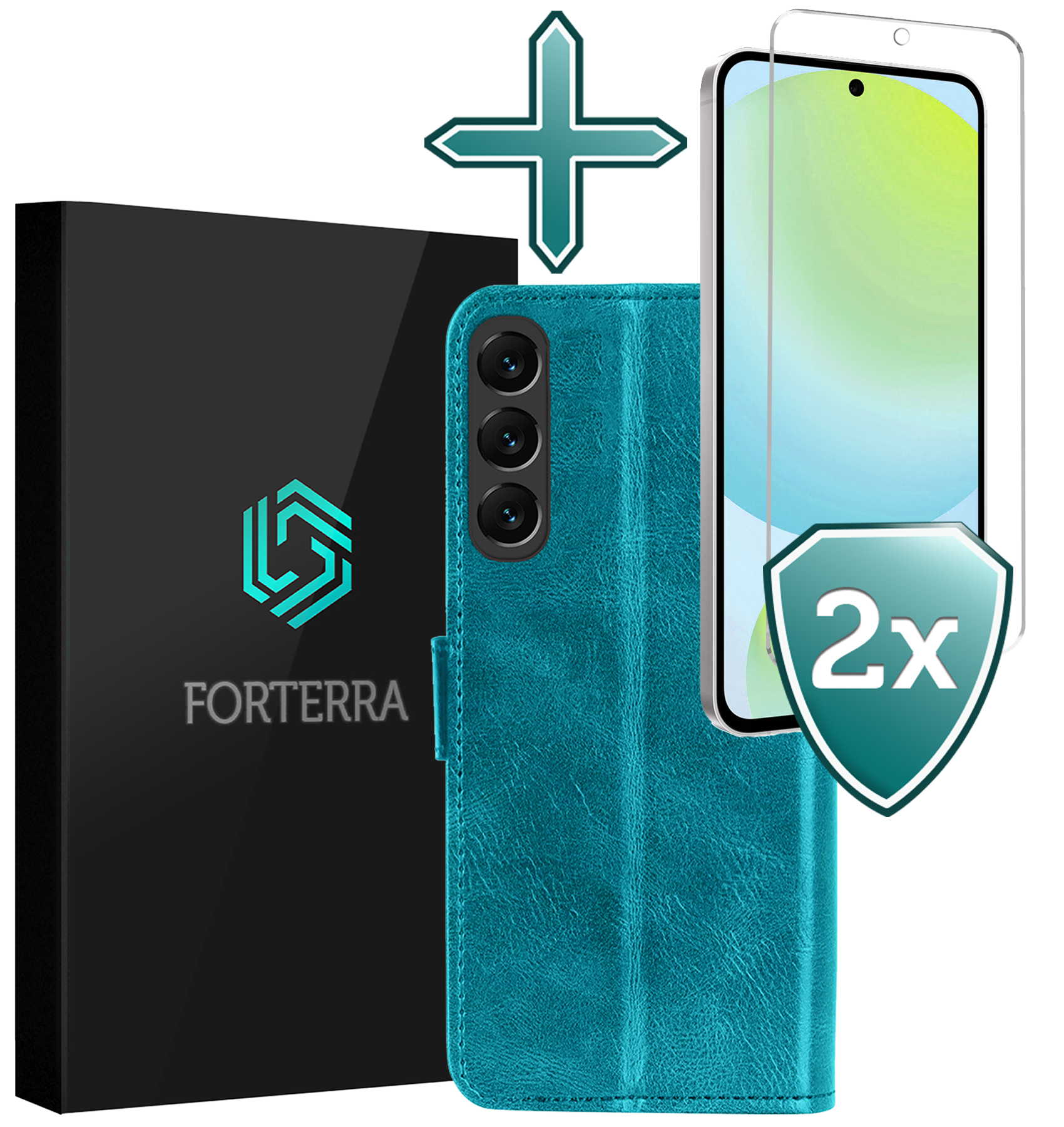 Forterra Hoesje Geschikt voor Samsung S24 FE Book Case Kunstleer Hoes Met 2x Screenprotector - Hoes Geschikt voor Samsung Galaxy S24 FE Hoesje Bookcase Met Pasjeshouder - Turquoise