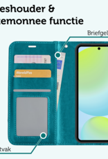 Forterra Hoesje Geschikt voor Samsung S24 FE Book Case Kunstleer Hoes Met 2x Screenprotector - Hoes Geschikt voor Samsung Galaxy S24 FE Hoesje Bookcase Met Pasjeshouder - Turquoise