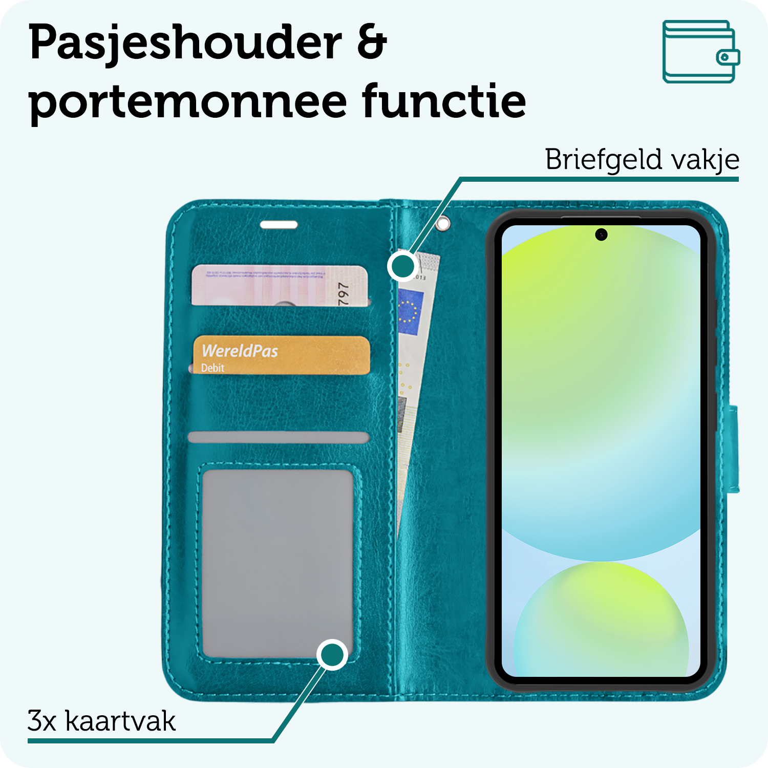 Forterra Hoesje Geschikt voor Samsung S24 FE Book Case Kunstleer Hoes Met 2x Screenprotector - Hoes Geschikt voor Samsung Galaxy S24 FE Hoesje Bookcase Met Pasjeshouder - Turquoise