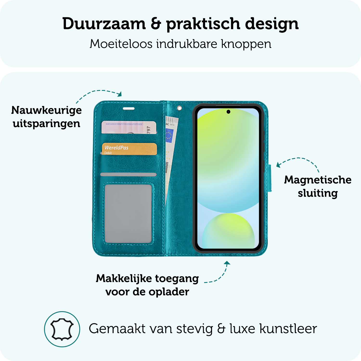 Forterra Hoesje Geschikt voor Samsung S24 FE Book Case Kunstleer Hoes Met 2x Screenprotector - Hoes Geschikt voor Samsung Galaxy S24 FE Hoesje Bookcase Met Pasjeshouder - Turquoise