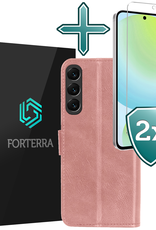 Forterra Hoesje Geschikt voor Samsung S24 FE Book Case Kunstleer Hoes Met 2x Screenprotector - Hoes Geschikt voor Samsung Galaxy S24 FE Hoesje Bookcase Met Pasjeshouder - Rosé goud