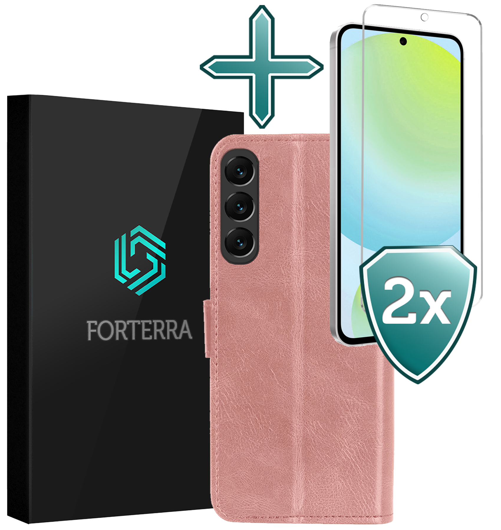 Forterra Hoesje Geschikt voor Samsung S24 FE Book Case Kunstleer Hoes Met 2x Screenprotector - Hoes Geschikt voor Samsung Galaxy S24 FE Hoesje Bookcase Met Pasjeshouder - Rosé goud